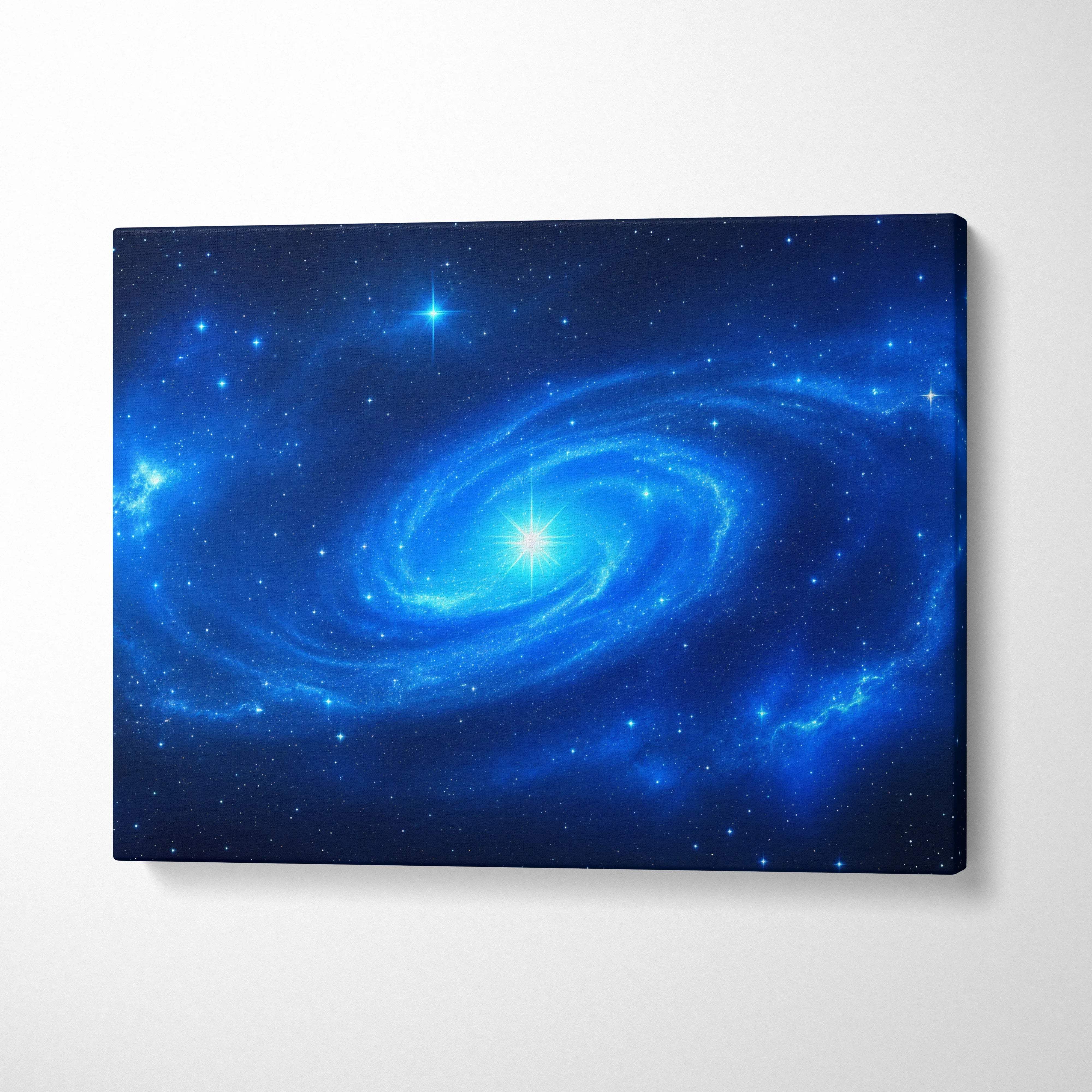 Blue spiral galaxy canvas wall art with luminous core and starry swirl