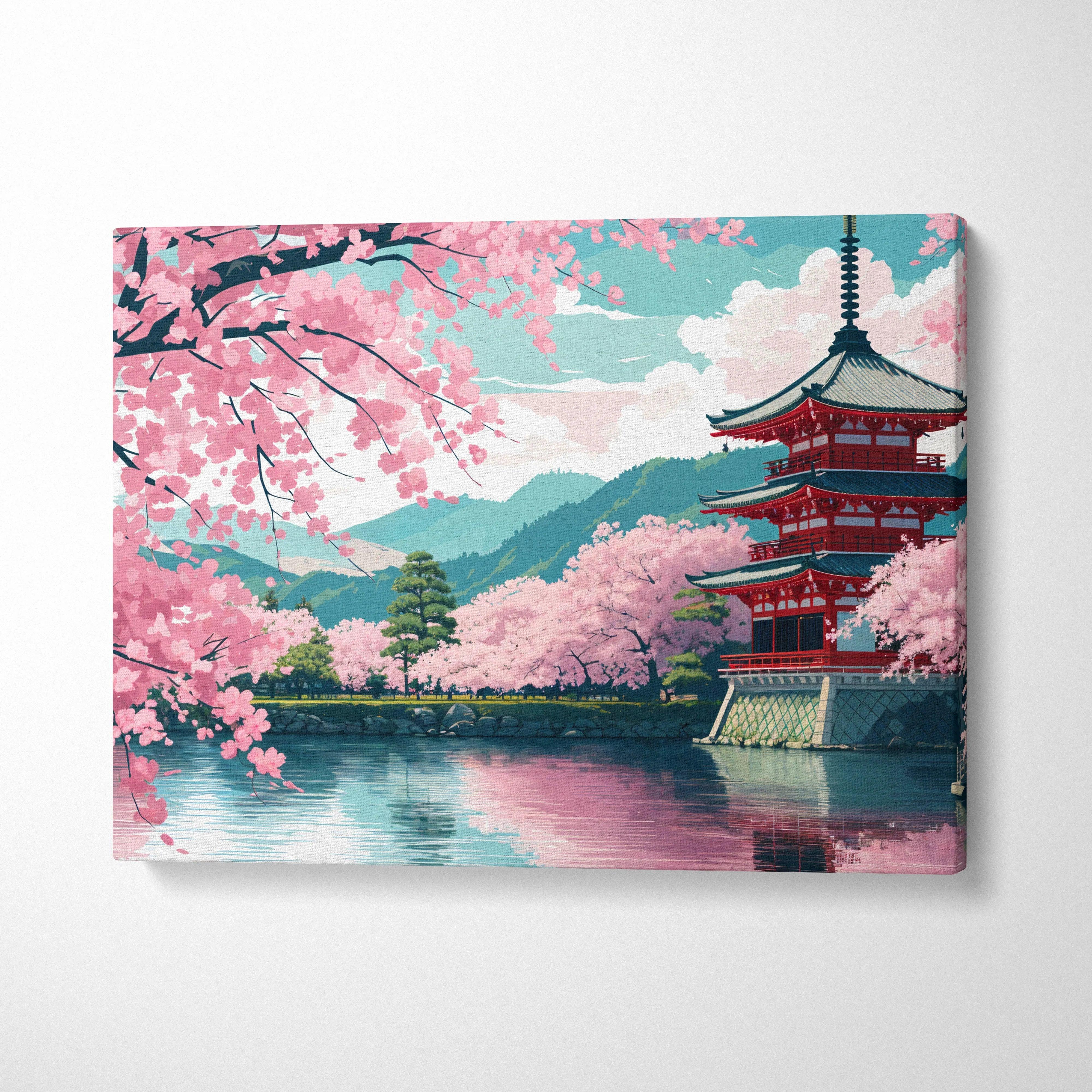 Japanese red pagoda by serene lake amid cherry blossoms canvas art