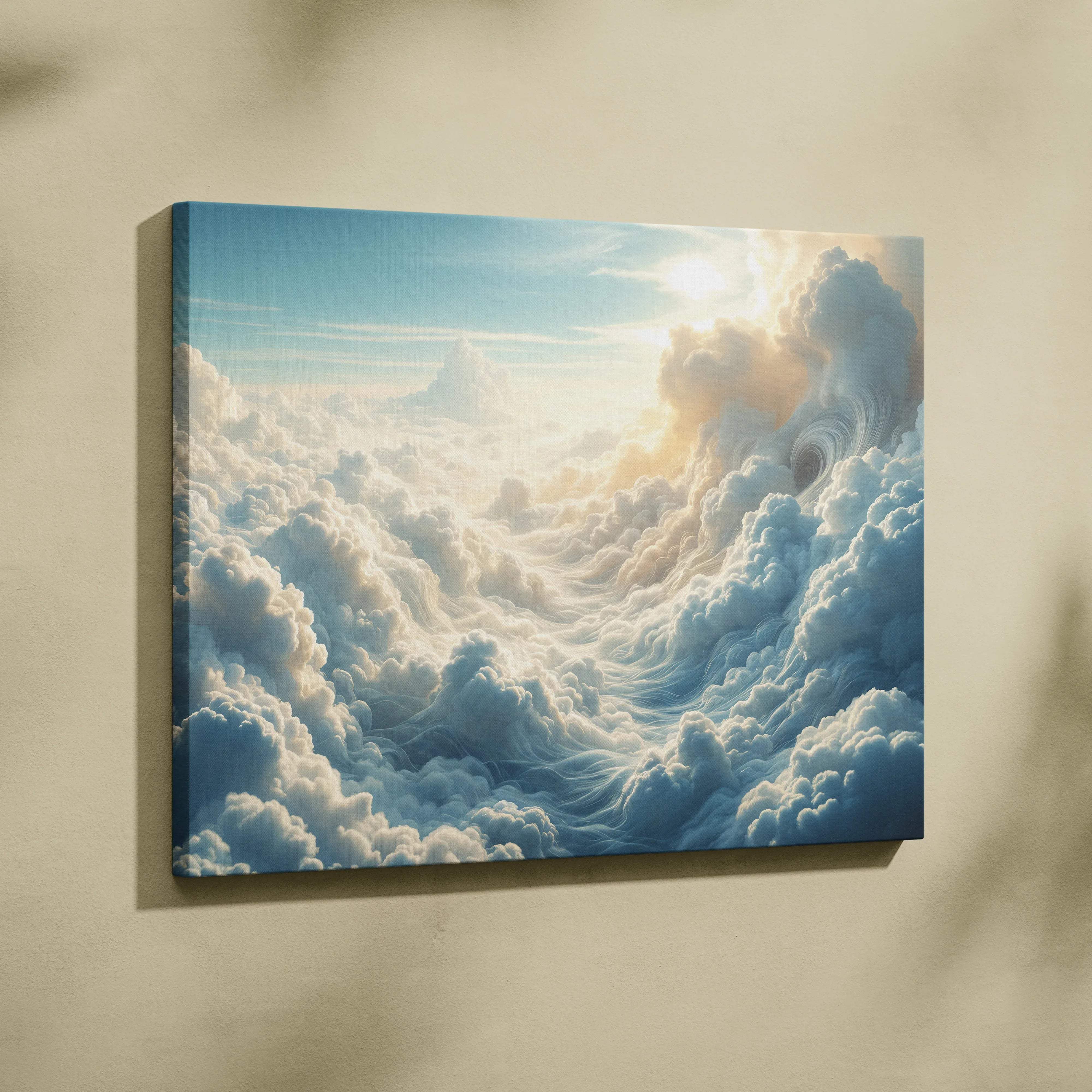 Heavenly cloudscape canvas print of billowing clouds and radiant sun