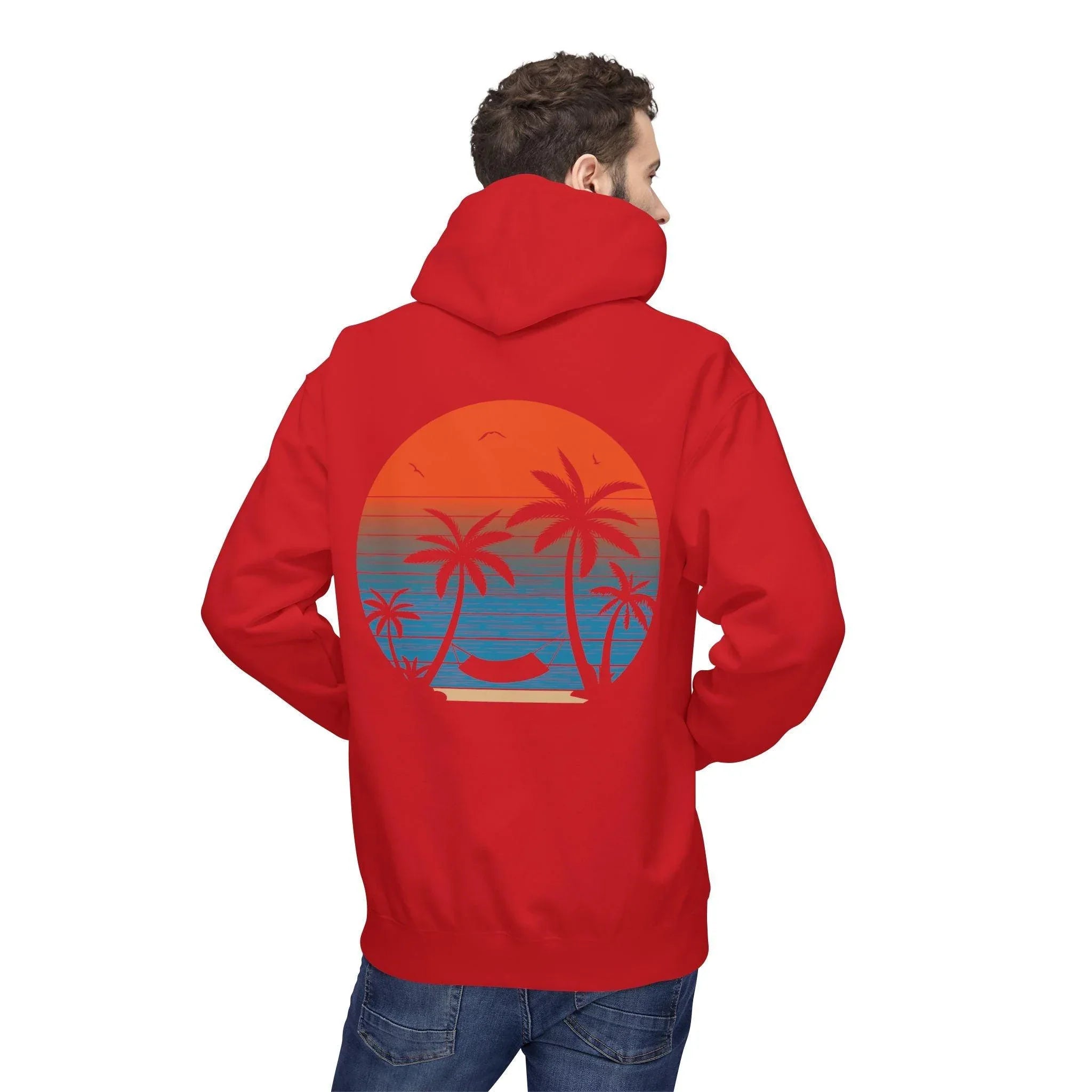 Cozy Beach Sunset Vibes Fleece Hoodie with Palm Tree Design