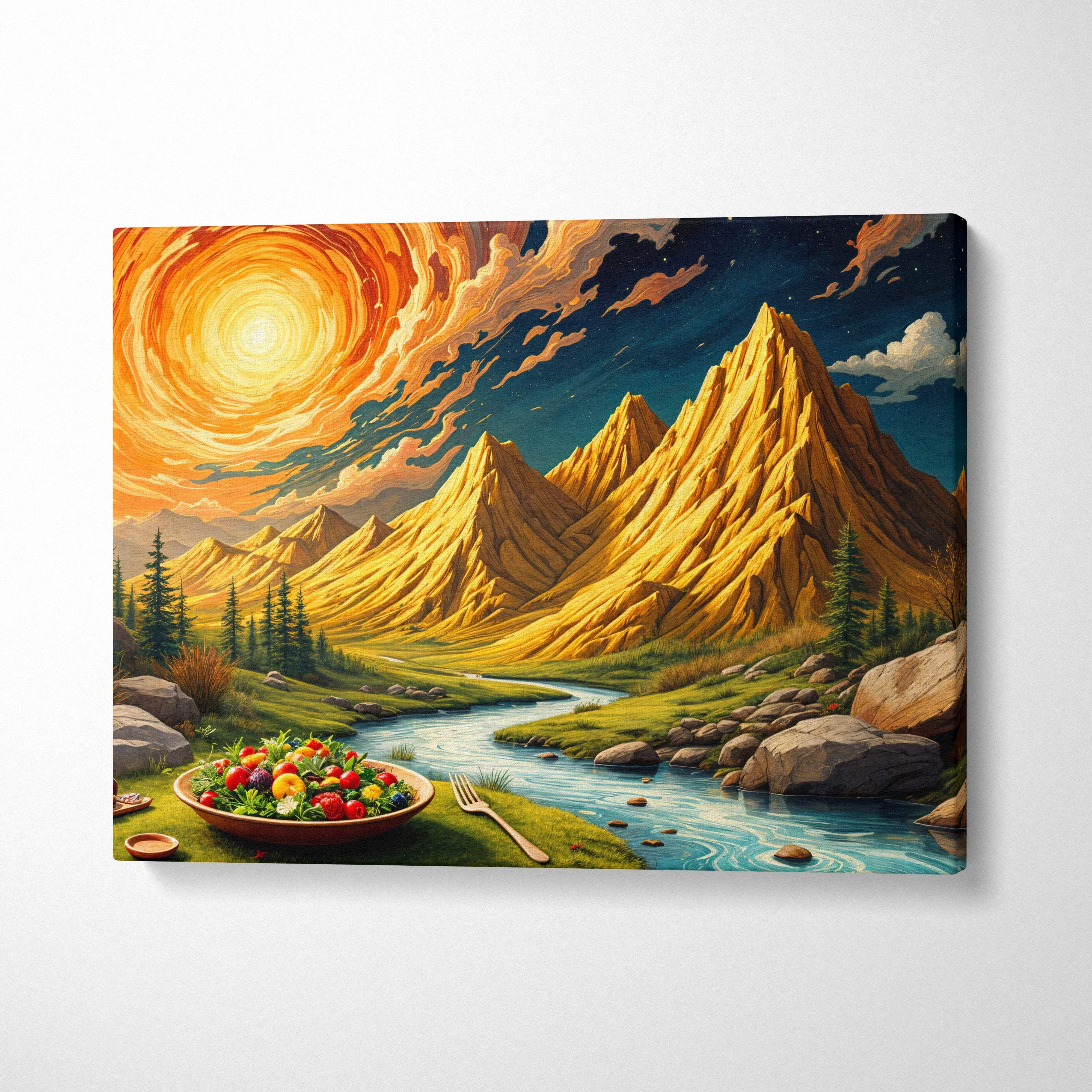 Surreal golden sun over jagged mountain peaks with winding river canvas art