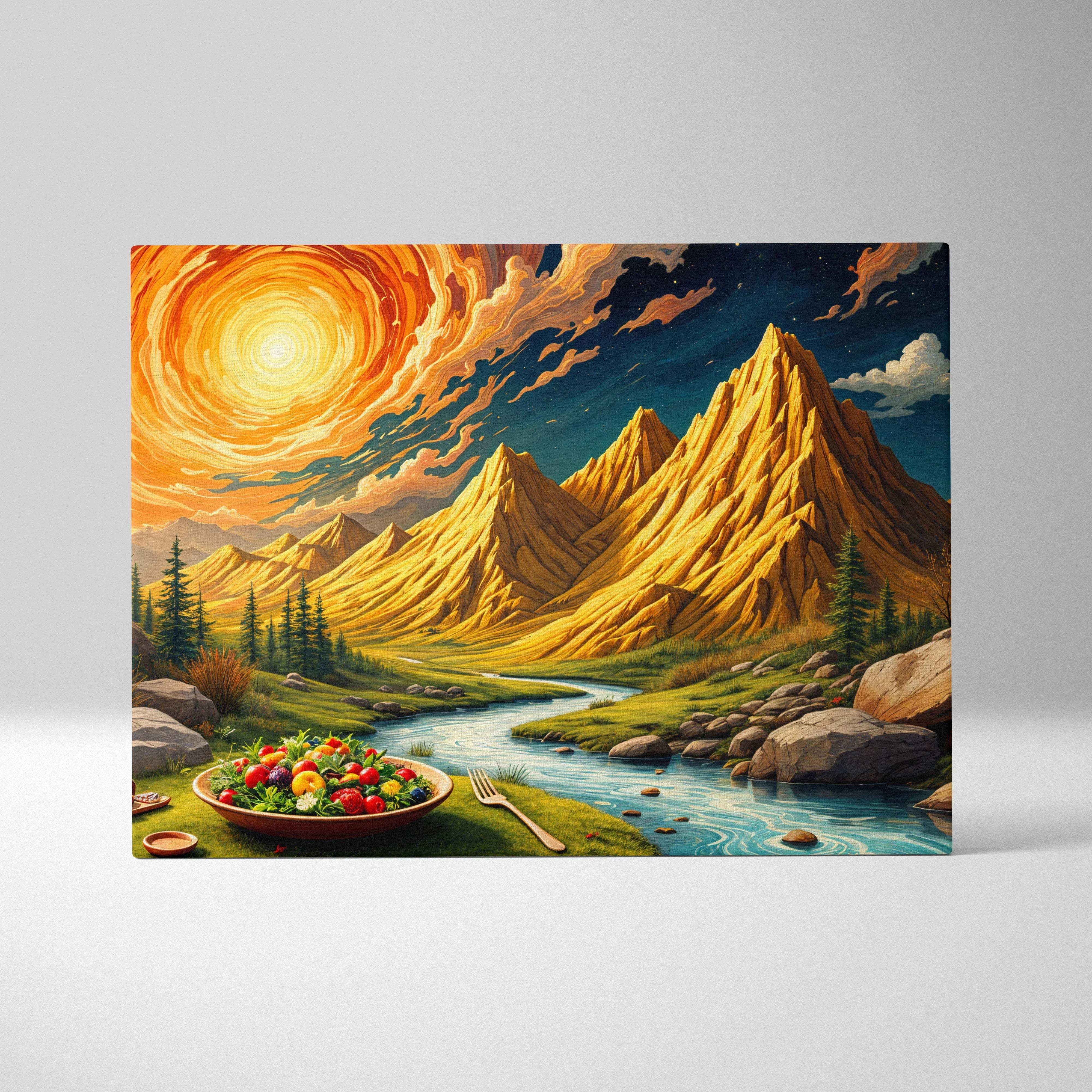 Surreal golden sun over jagged mountain peaks with winding river canvas art