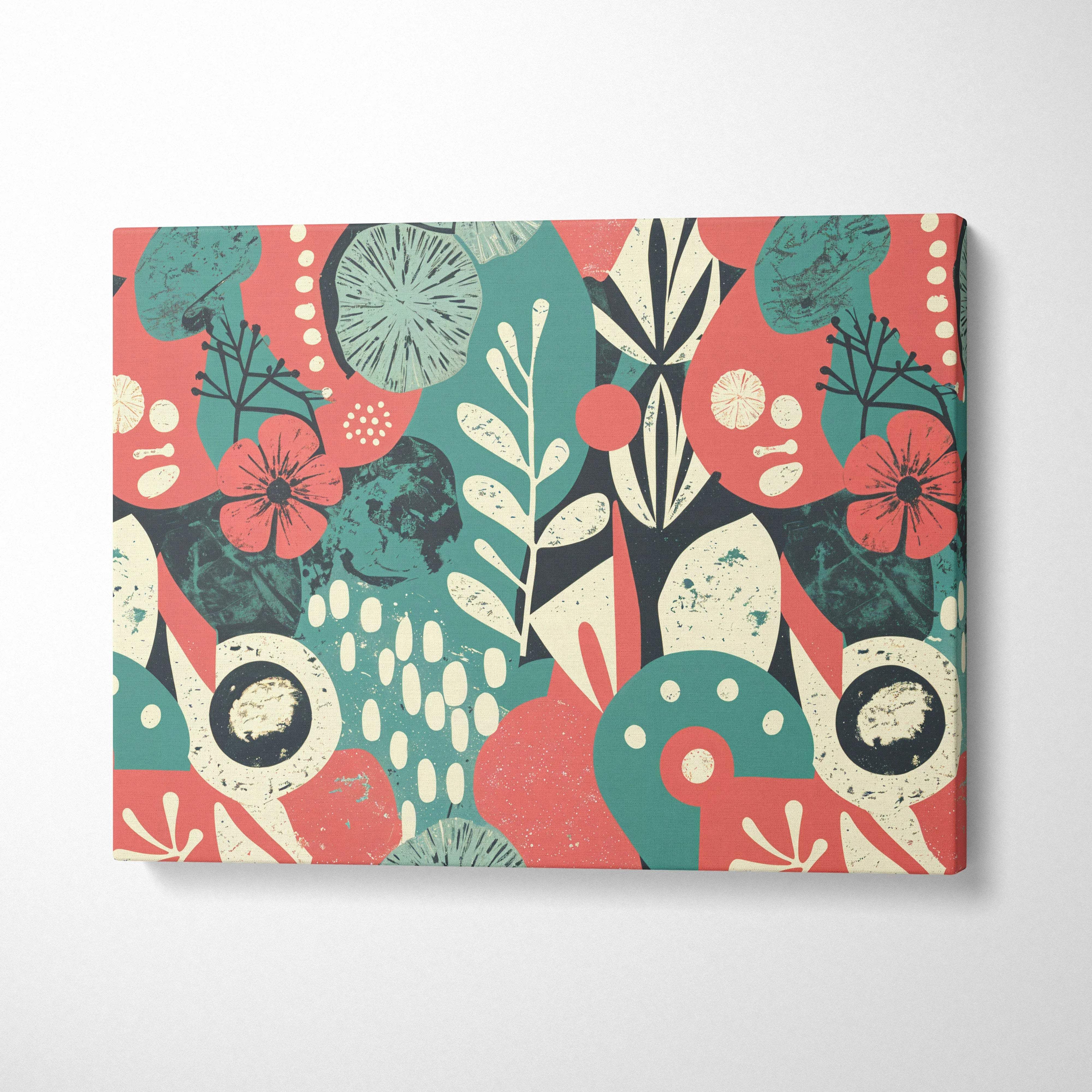 Bold abstract floral canvas wall art in teal, coral, cream for modern living rooms