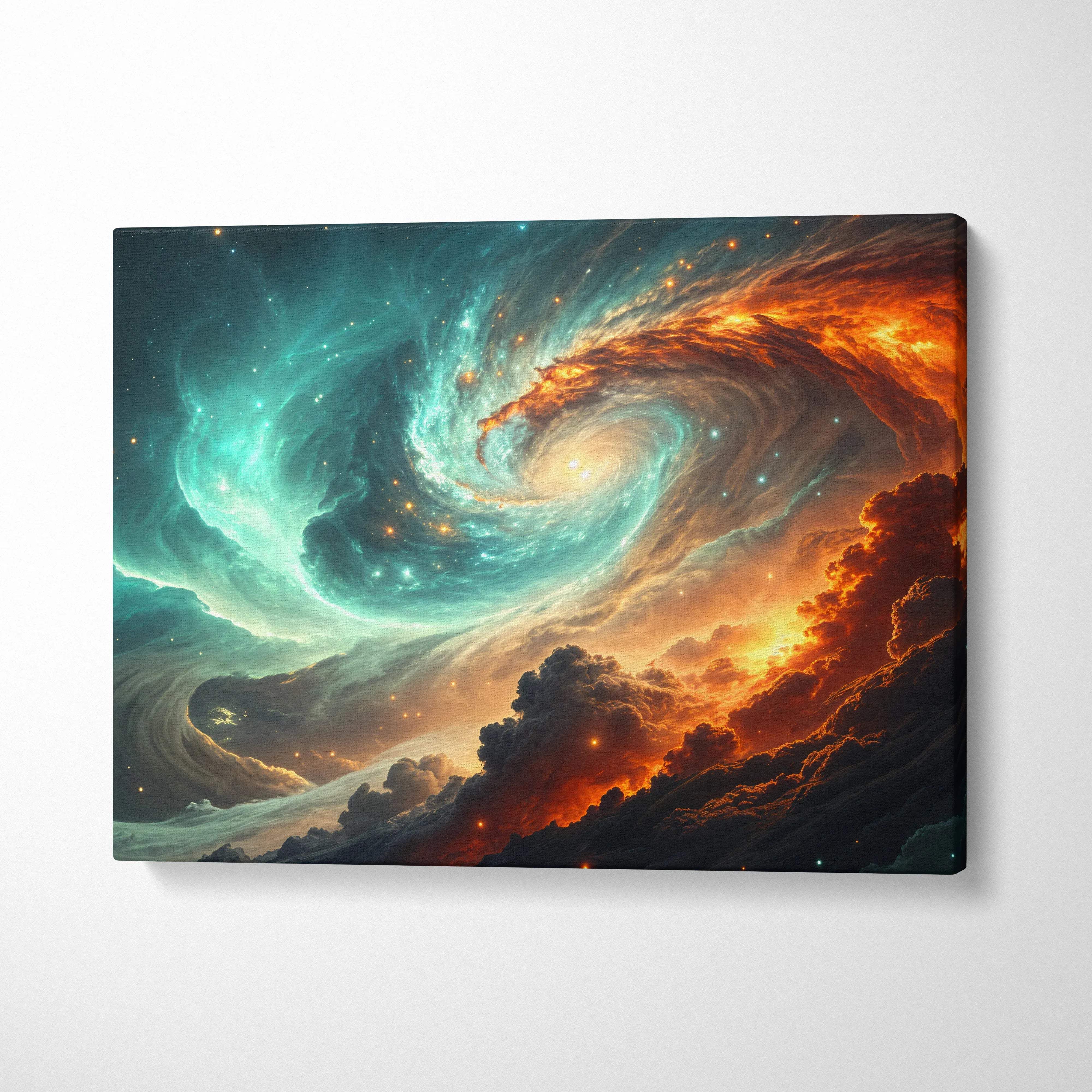 Vibrant cosmic vortex canvas art with teal nebula and fiery orange clouds swirling around galactic heart