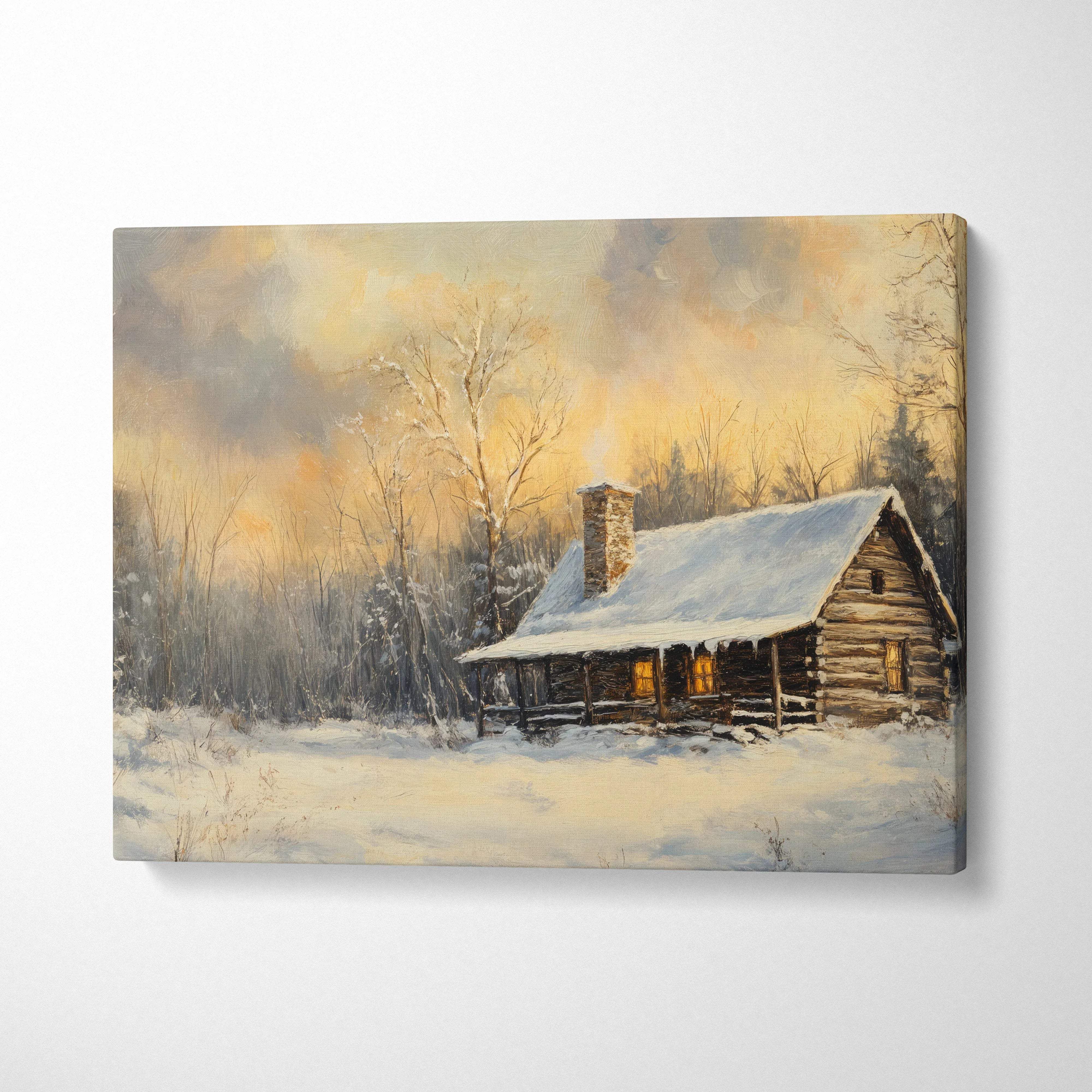 Winter cabin glow in snowy landscape with warm light canvas art