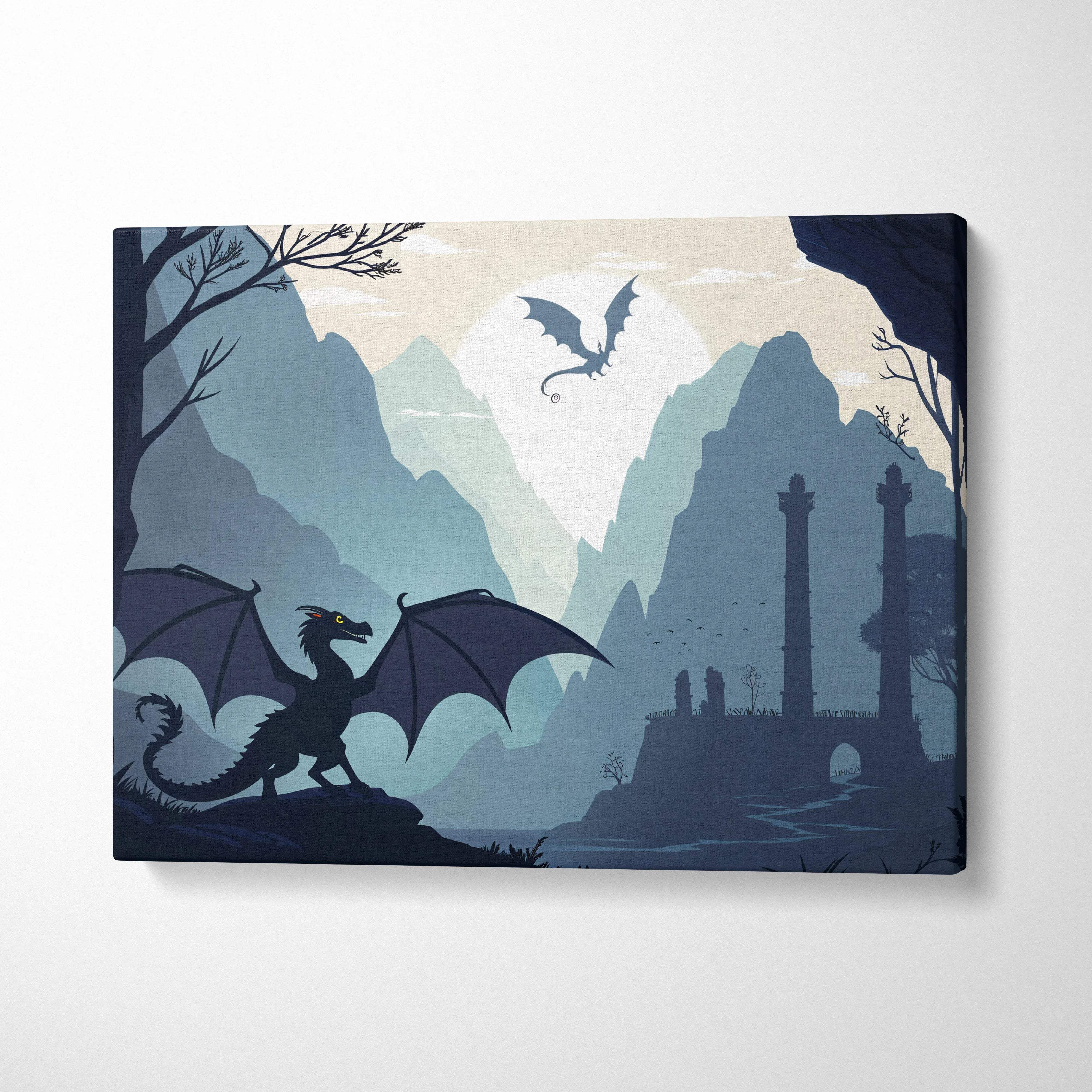 Blue-toned fantasy canvas print of dragons over moonlit ruins and mountains