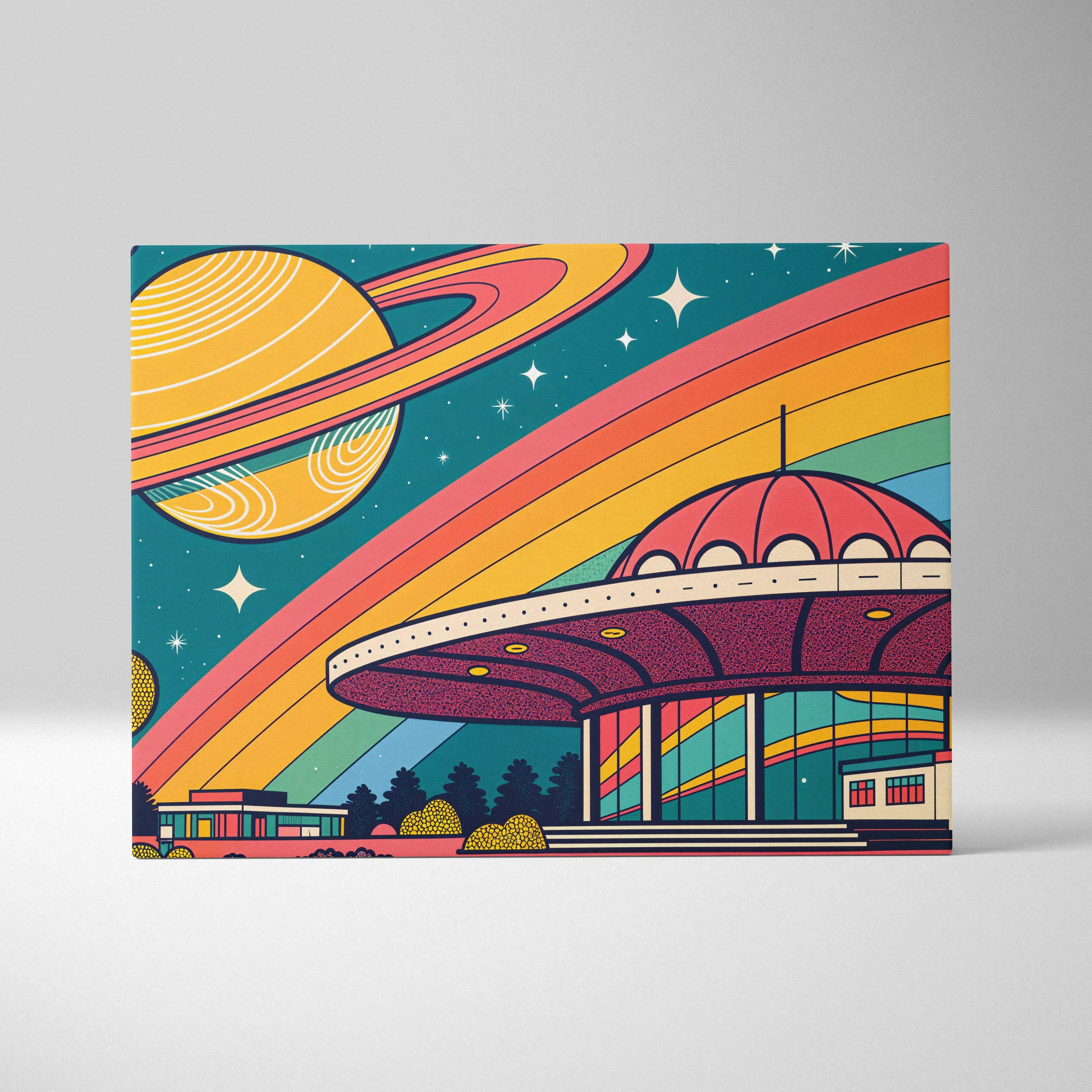 Vibrant retro UFO canvas print with rainbow rings over neon city starry skies