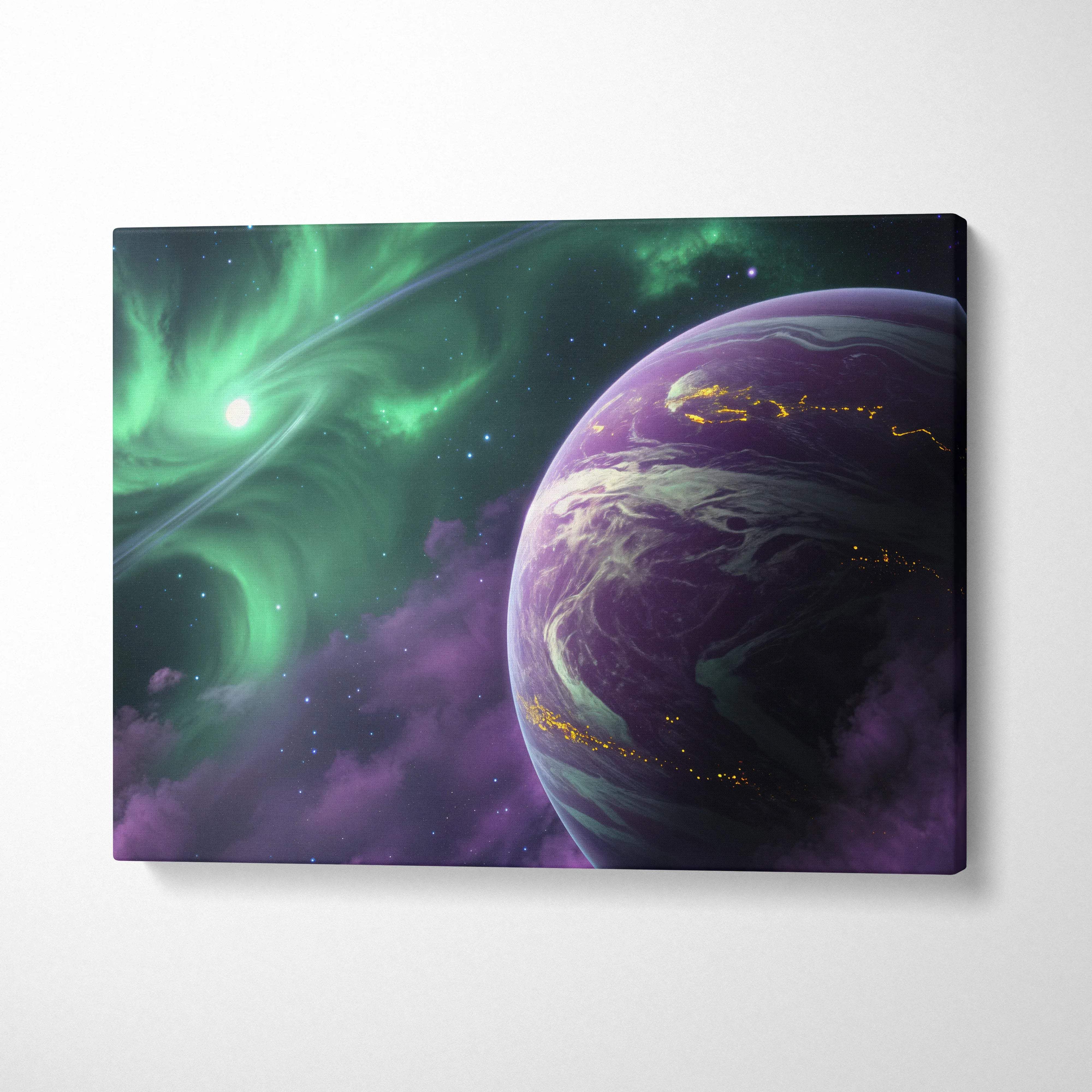 Pastel clouds over purple planet with green auroras and city lights canvas art