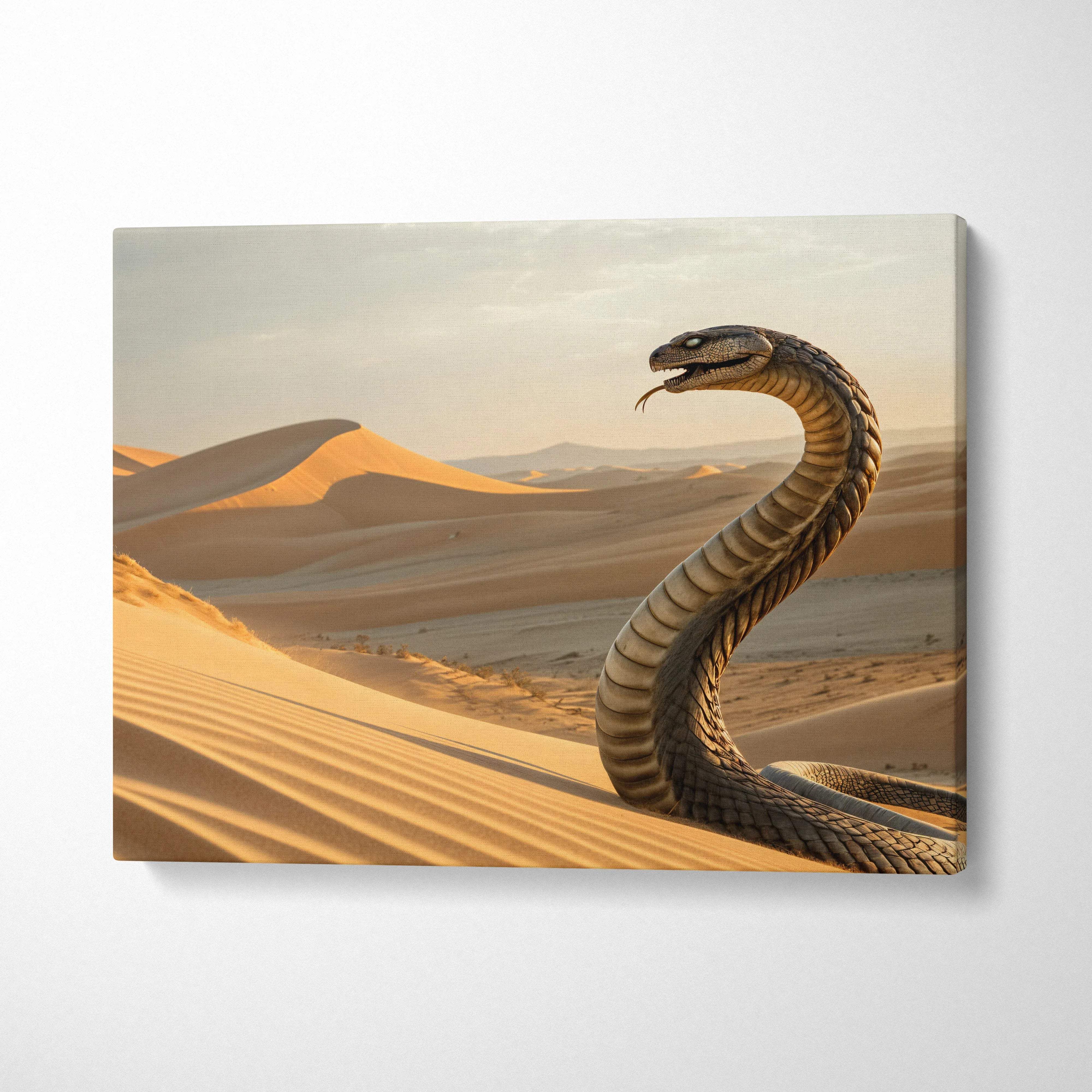 Massive coiled cobra rises from golden desert dunes at sunset canvas art