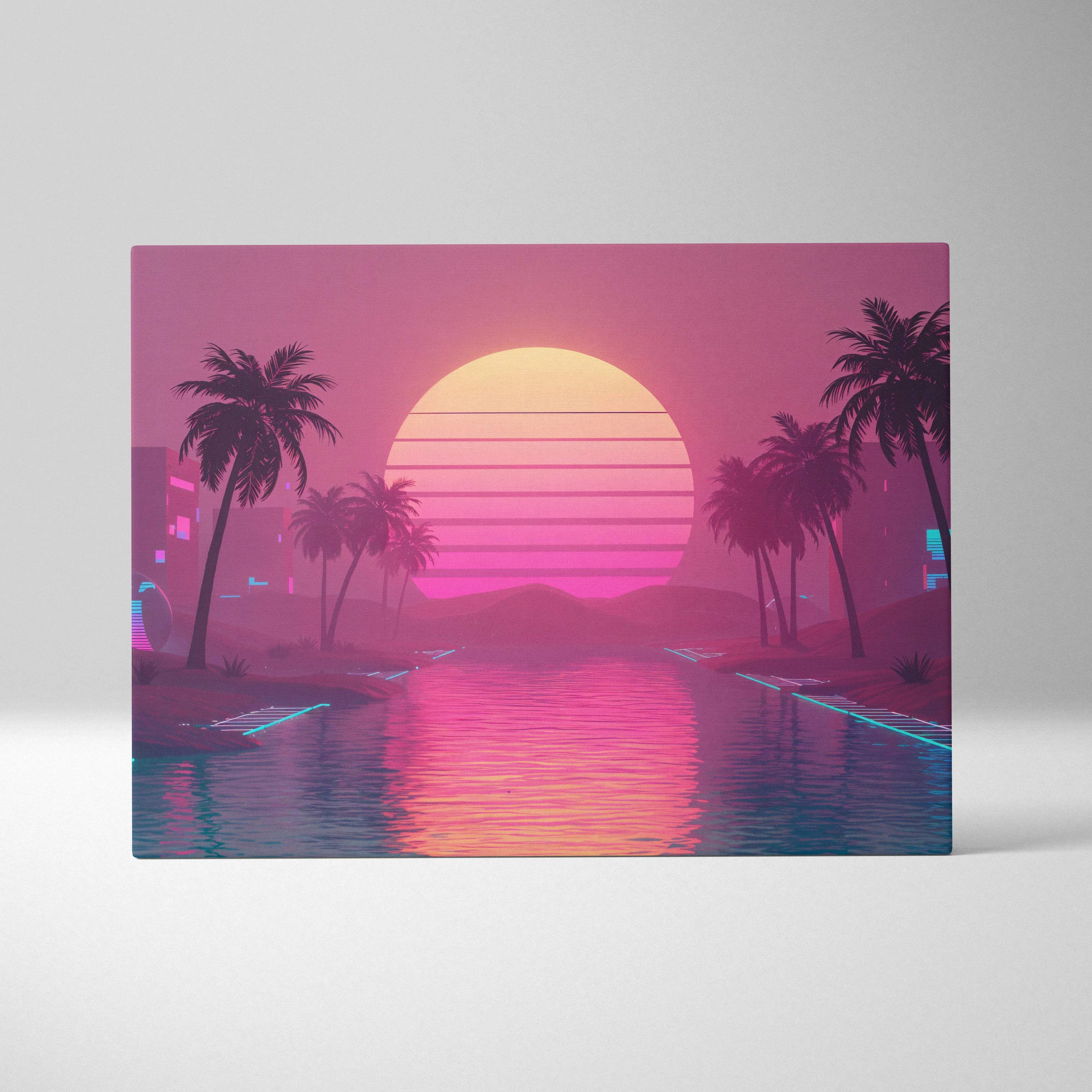 Vibrant retro-futuristic vaporwave cityscape canvas with neon palm trees and sunset over water