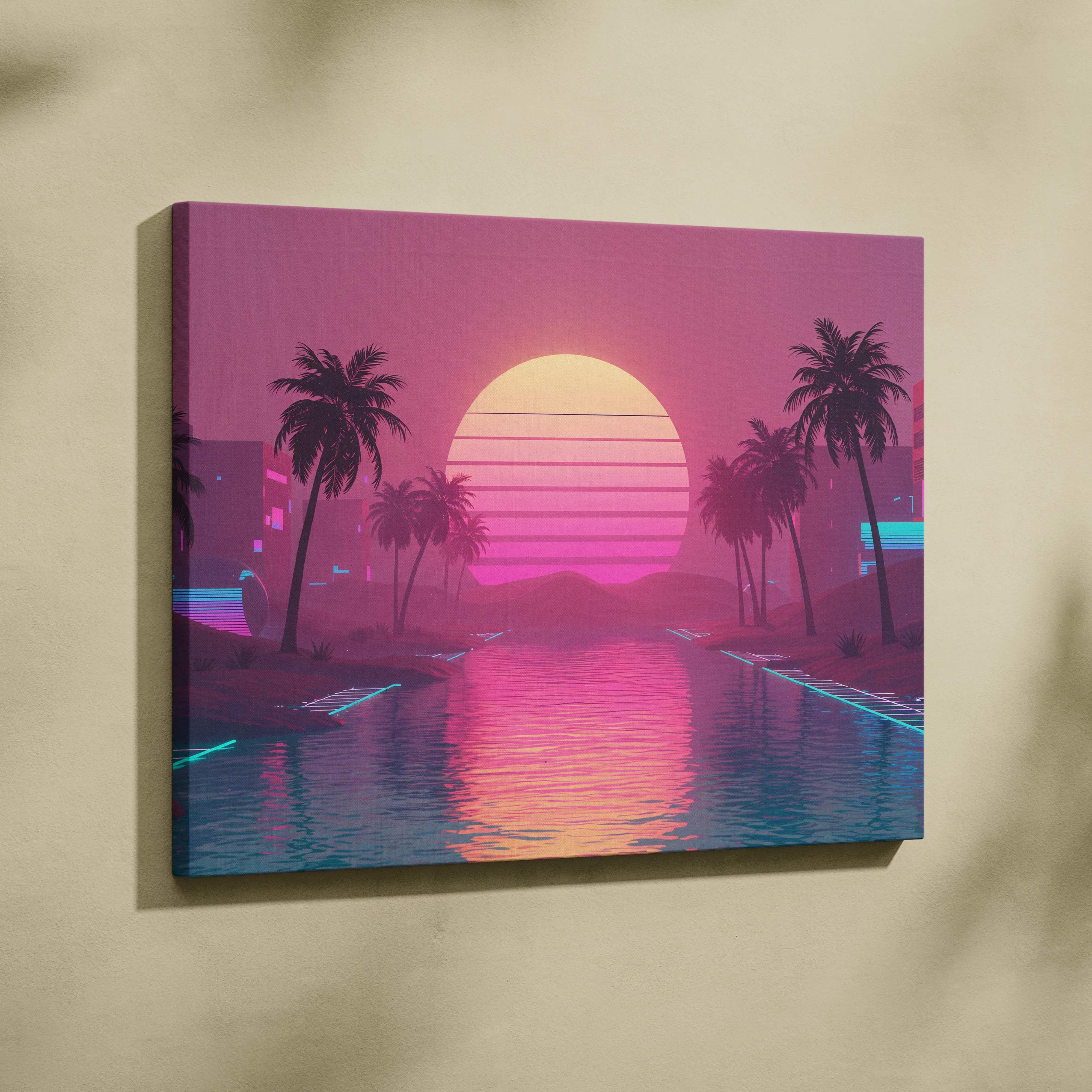 Retro futuristic vaporwave cityscape canvas wall art with neon palm trees and sunset over water