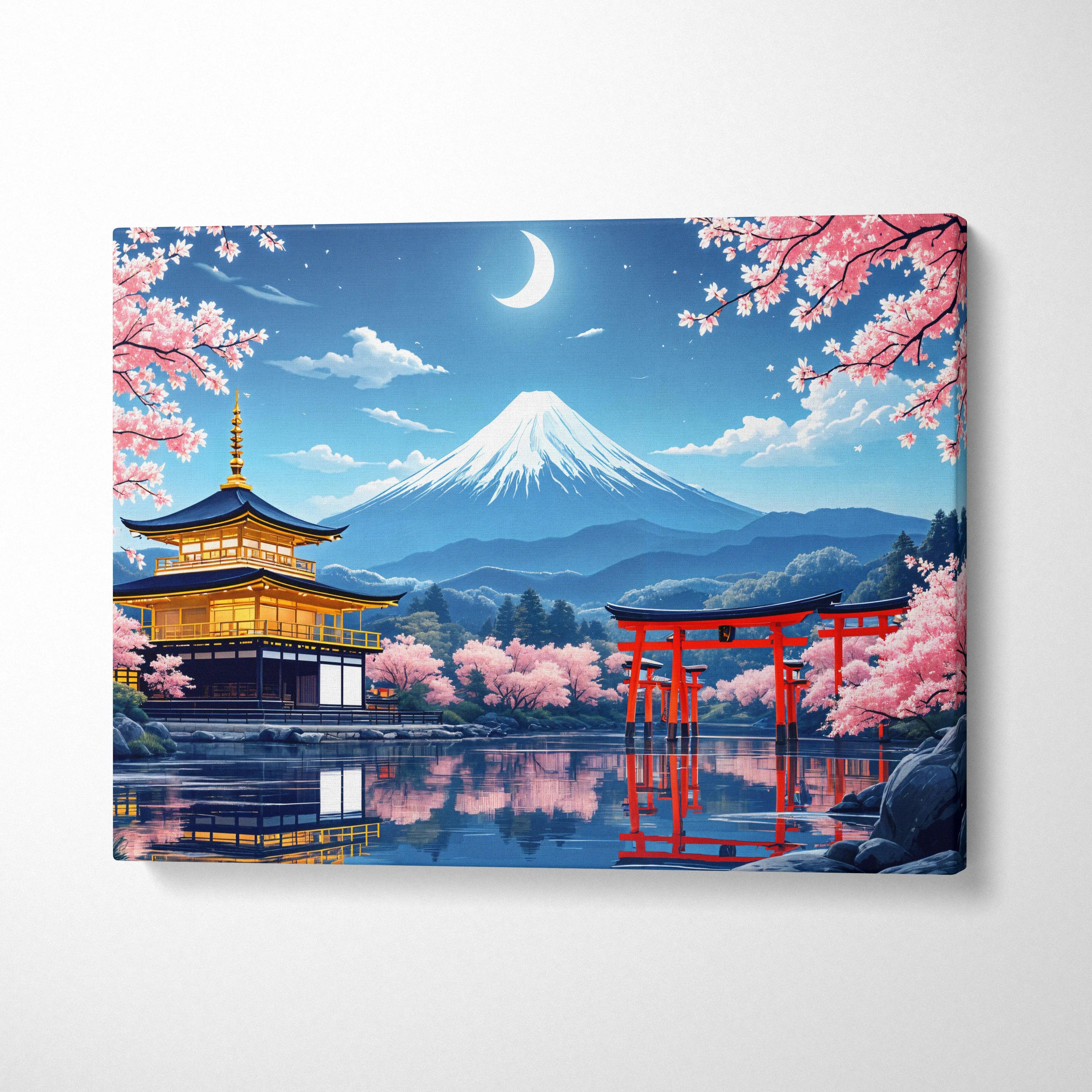 Visionary Mount Fuji pagoda, red torii, cherry blossoms in moonlit reflection canvas art