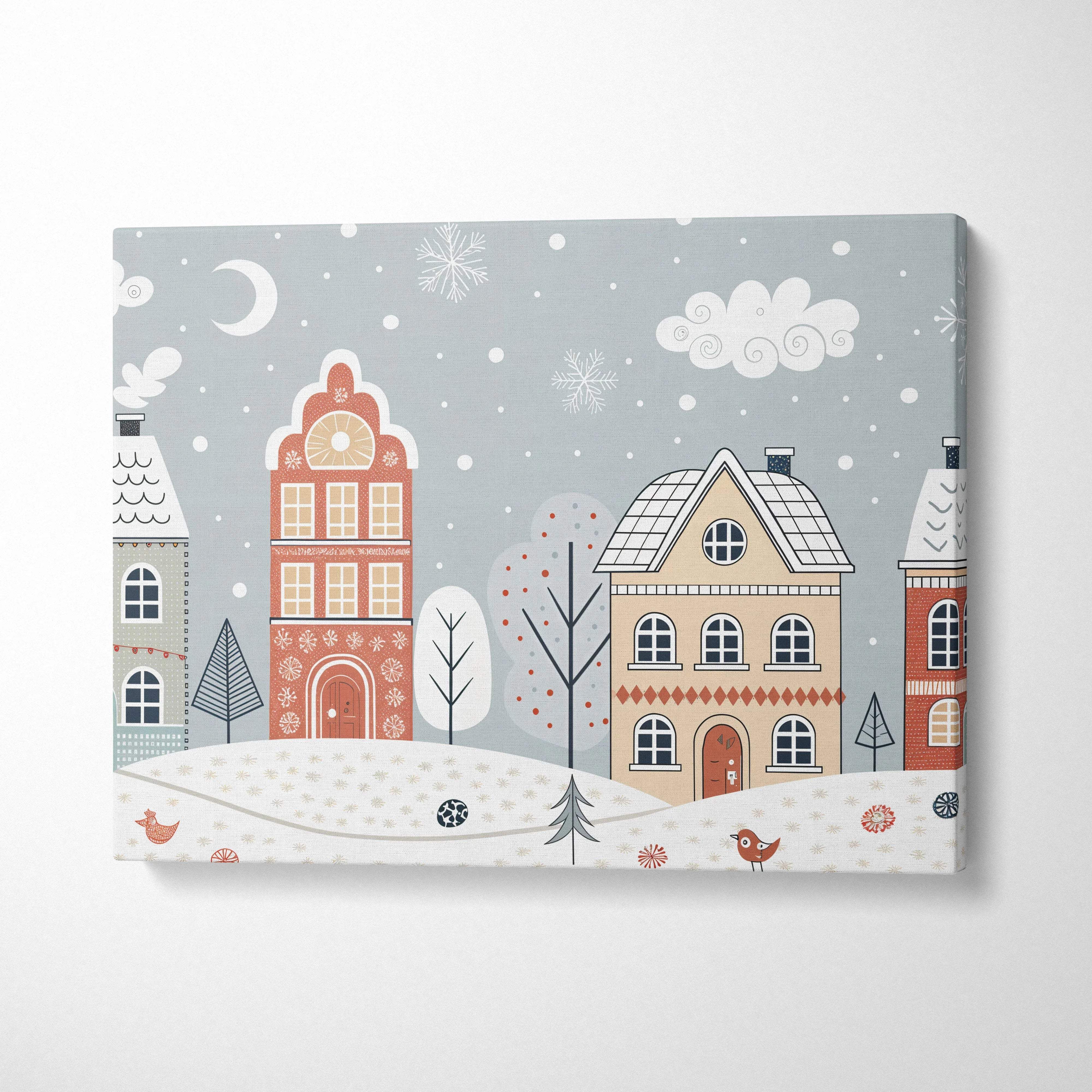 Whimsical winter village canvas wall art in soft pastel blues and warm beige tones