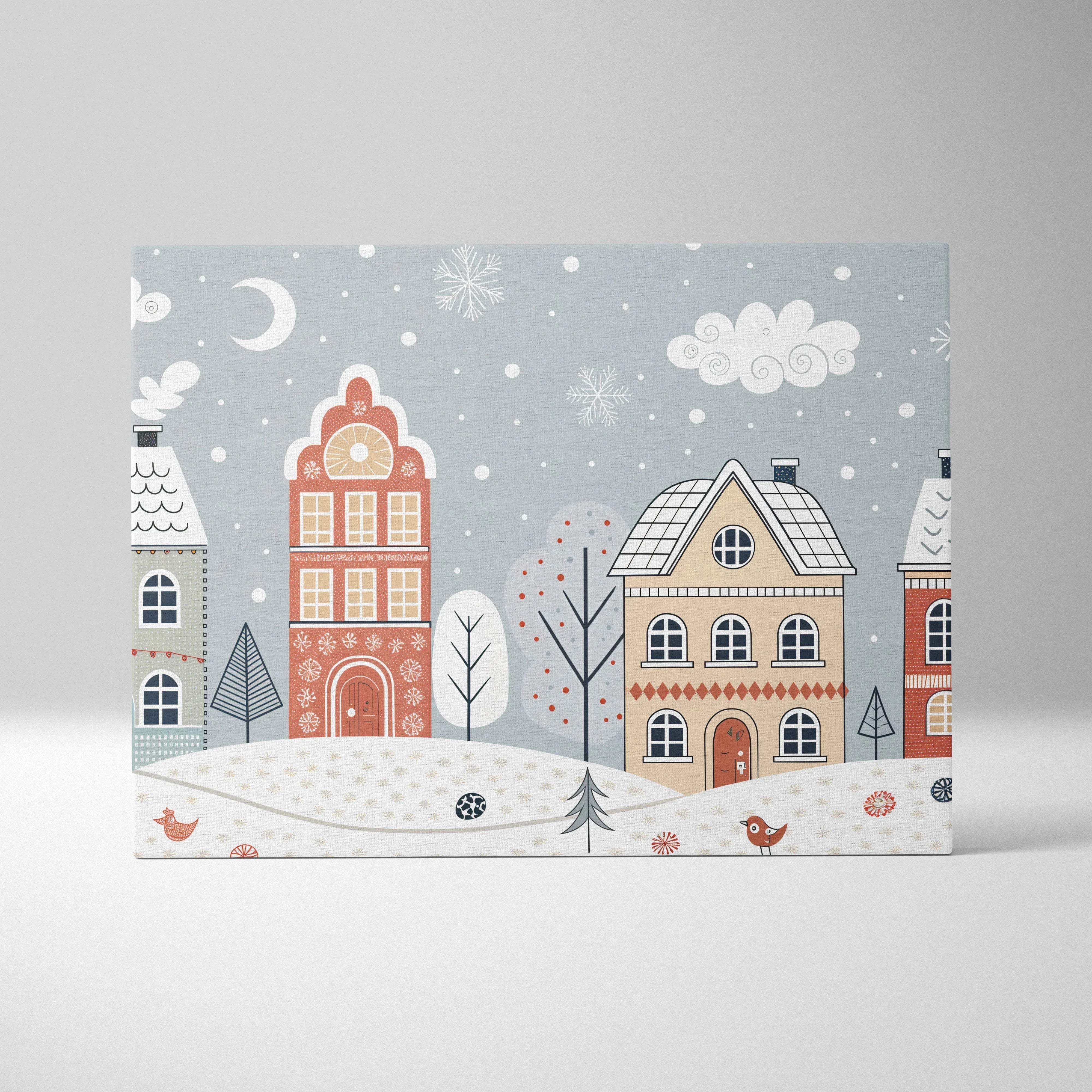 Whimsical winter village canvas wall art in soft pastel blues, warm beige tones, snow-covered houses