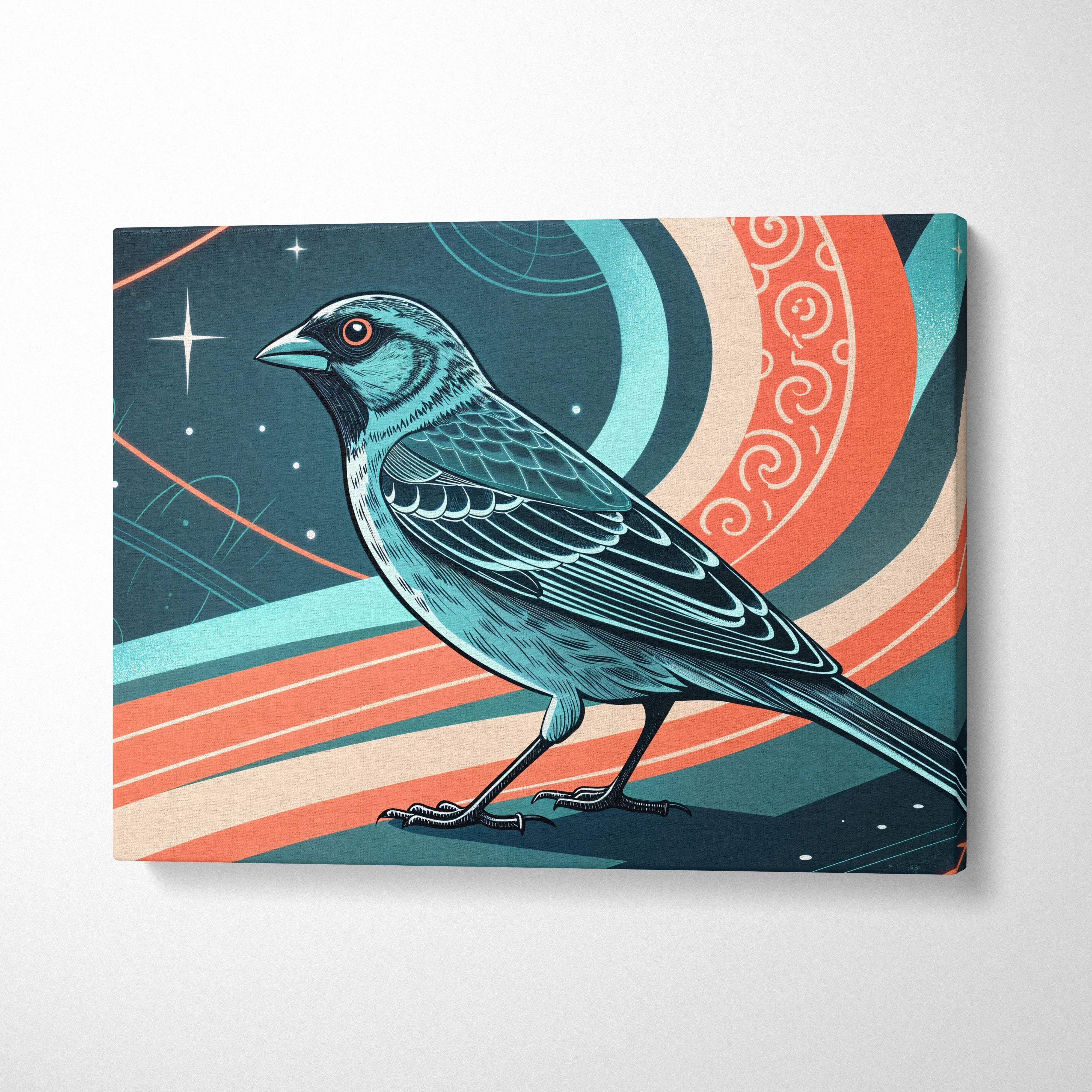 Teal black stylized blue bird on cosmic orange turquoise ribbons canvas art