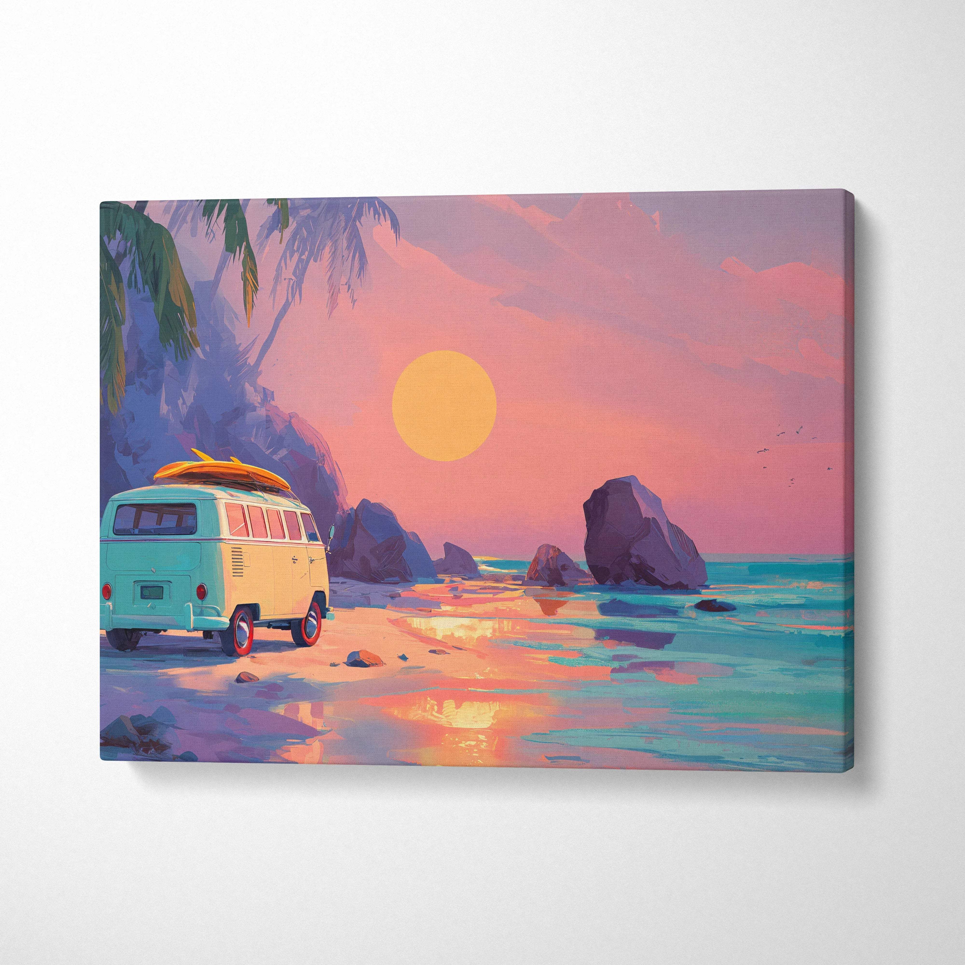 Pastel visionary coastal sunset VW van on beach with surfboard canvas print
