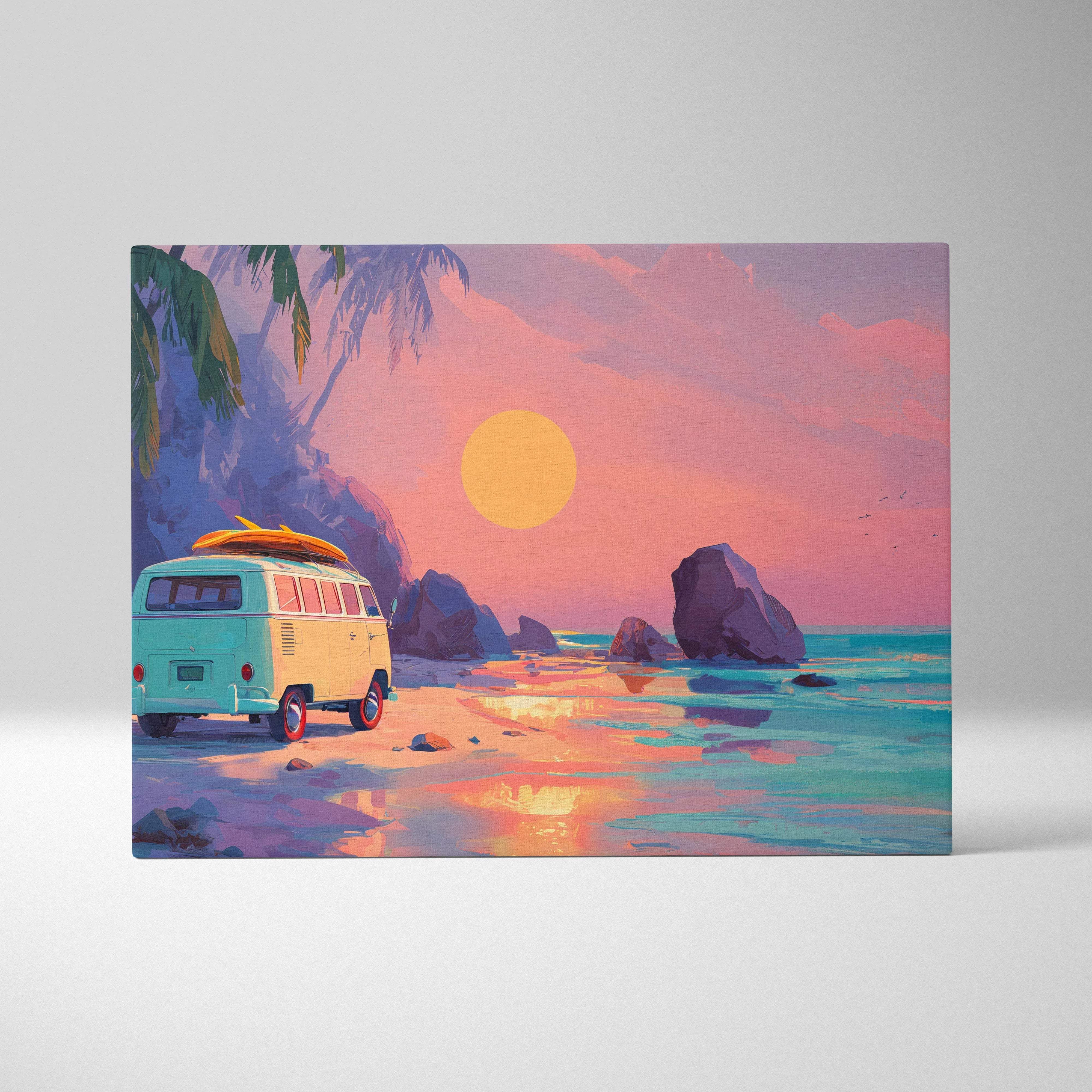 Pastel turquoise cream vintage VW van with surfboard on roof at coral dusk beach sunset