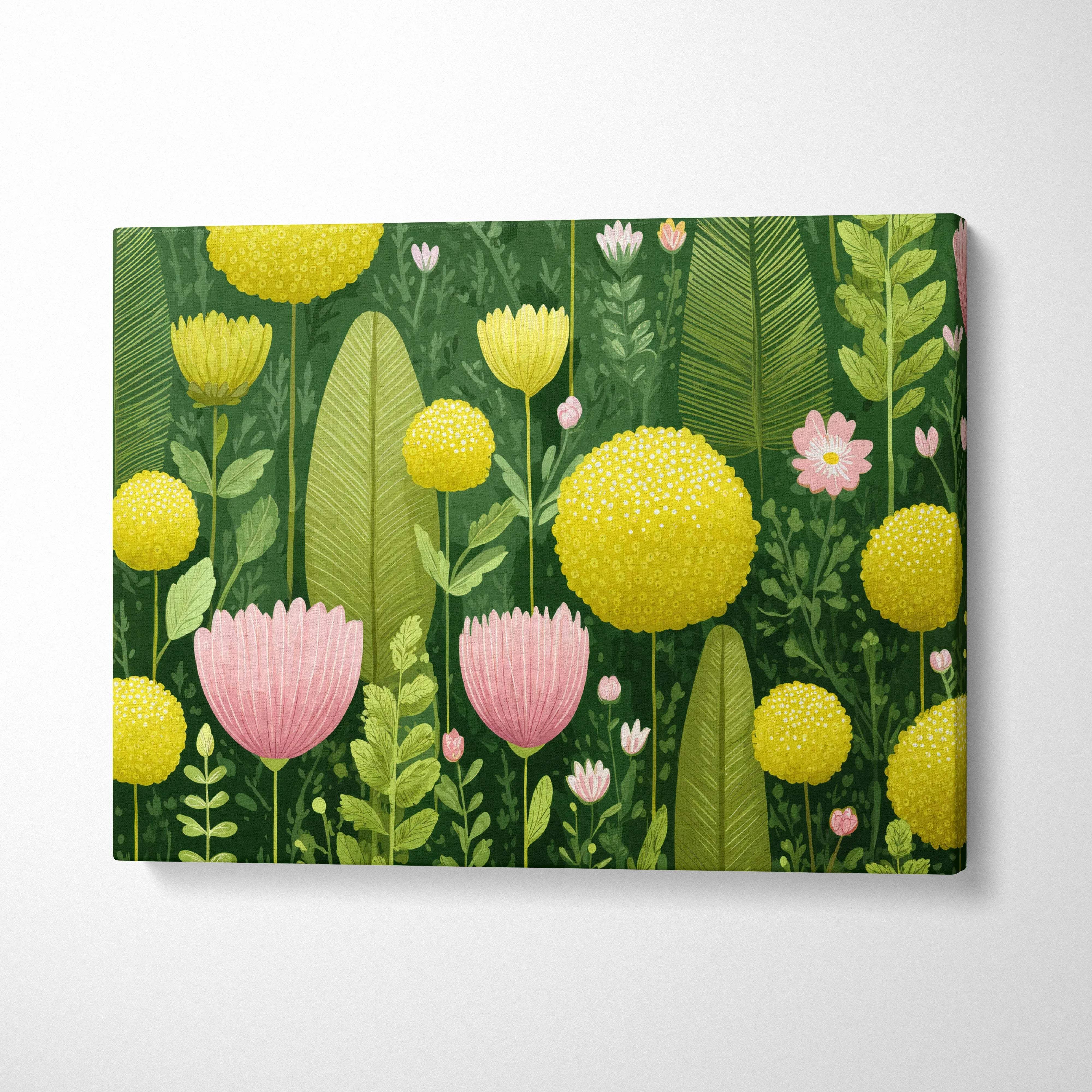 Visionary botanical yellow blooms with pink flowers in lush green foliage canvas art