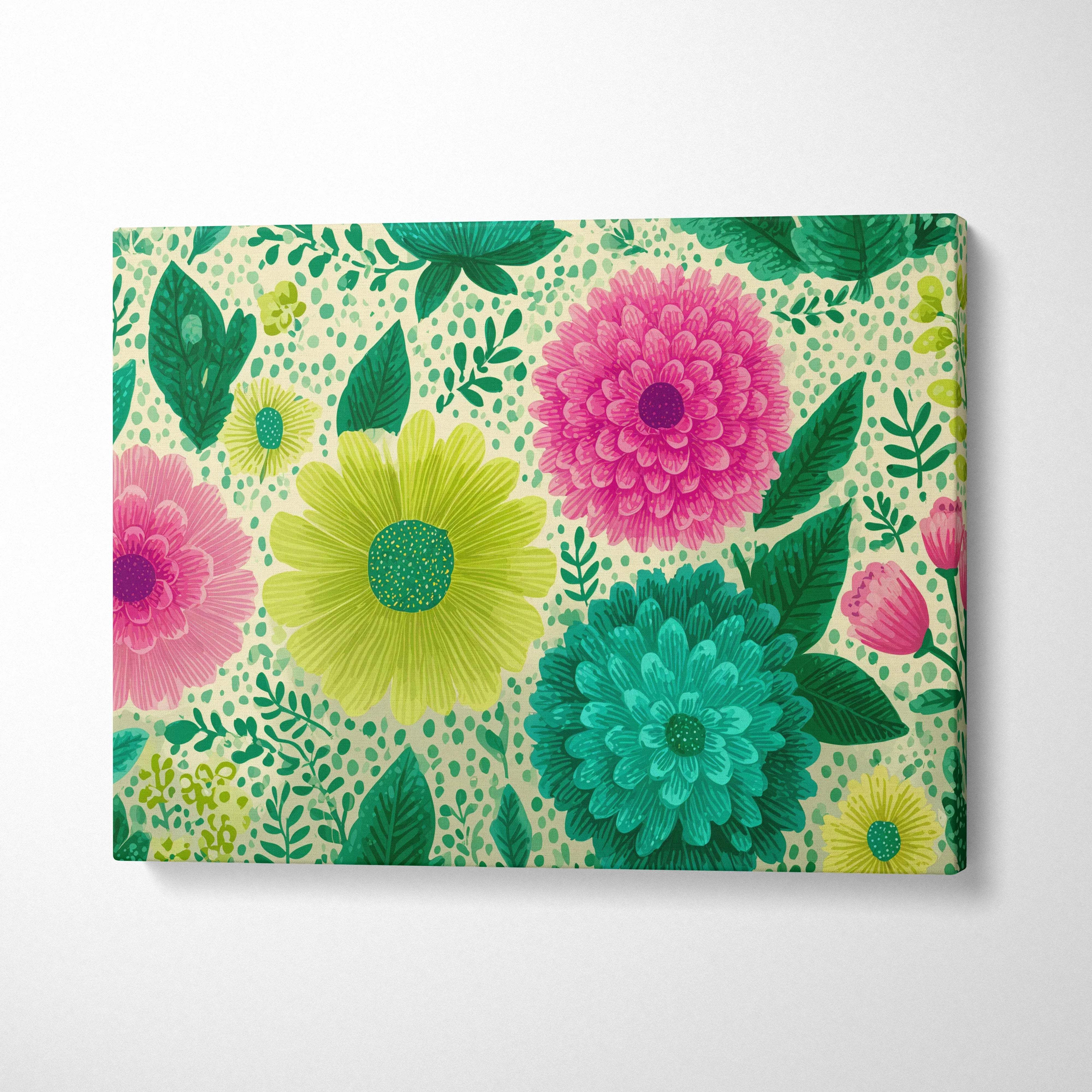 Playful pink teal lime floral canvas wall art with vibrant blossoms and greenery