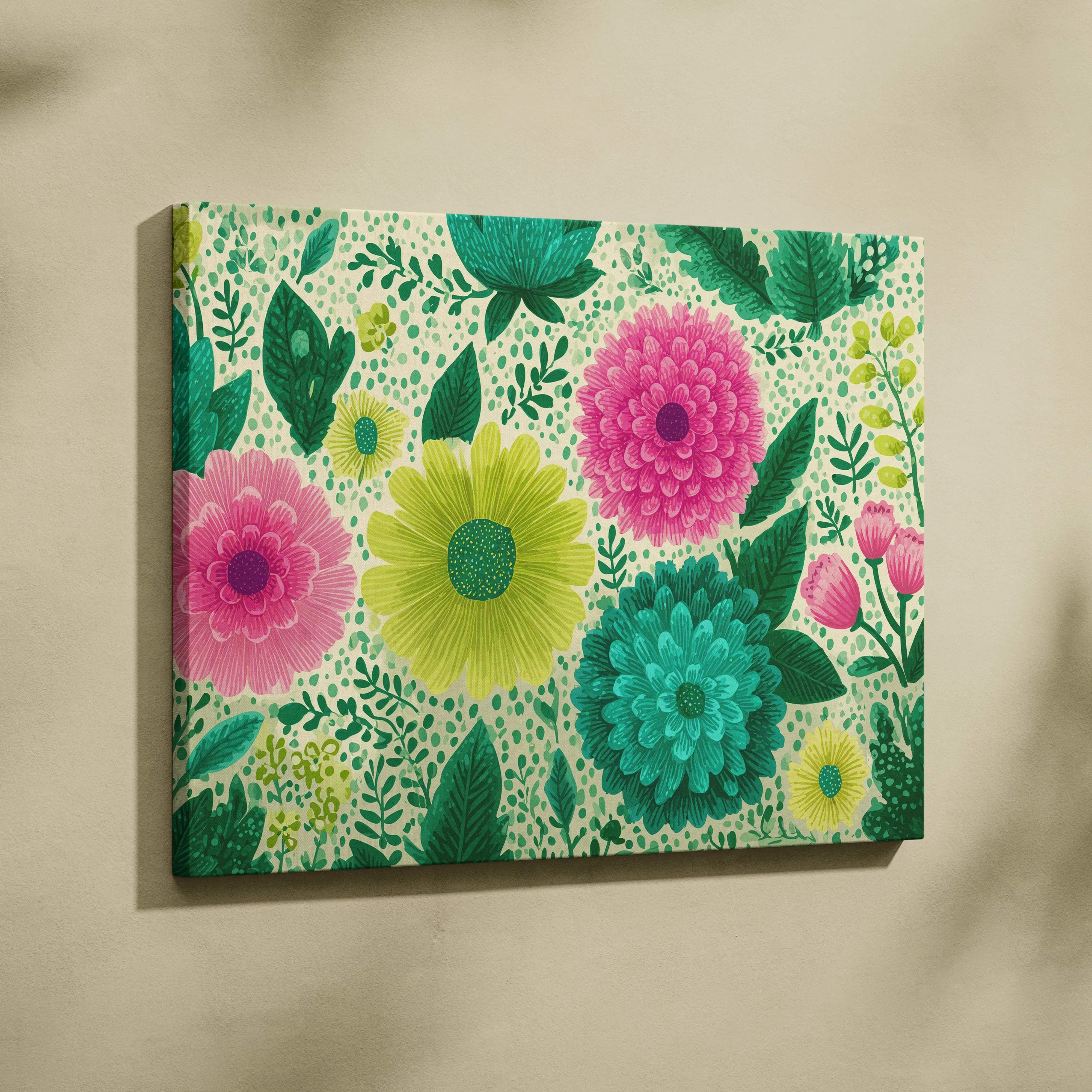 Playful pink teal lime floral canvas wall art with vibrant blossoms and greenery