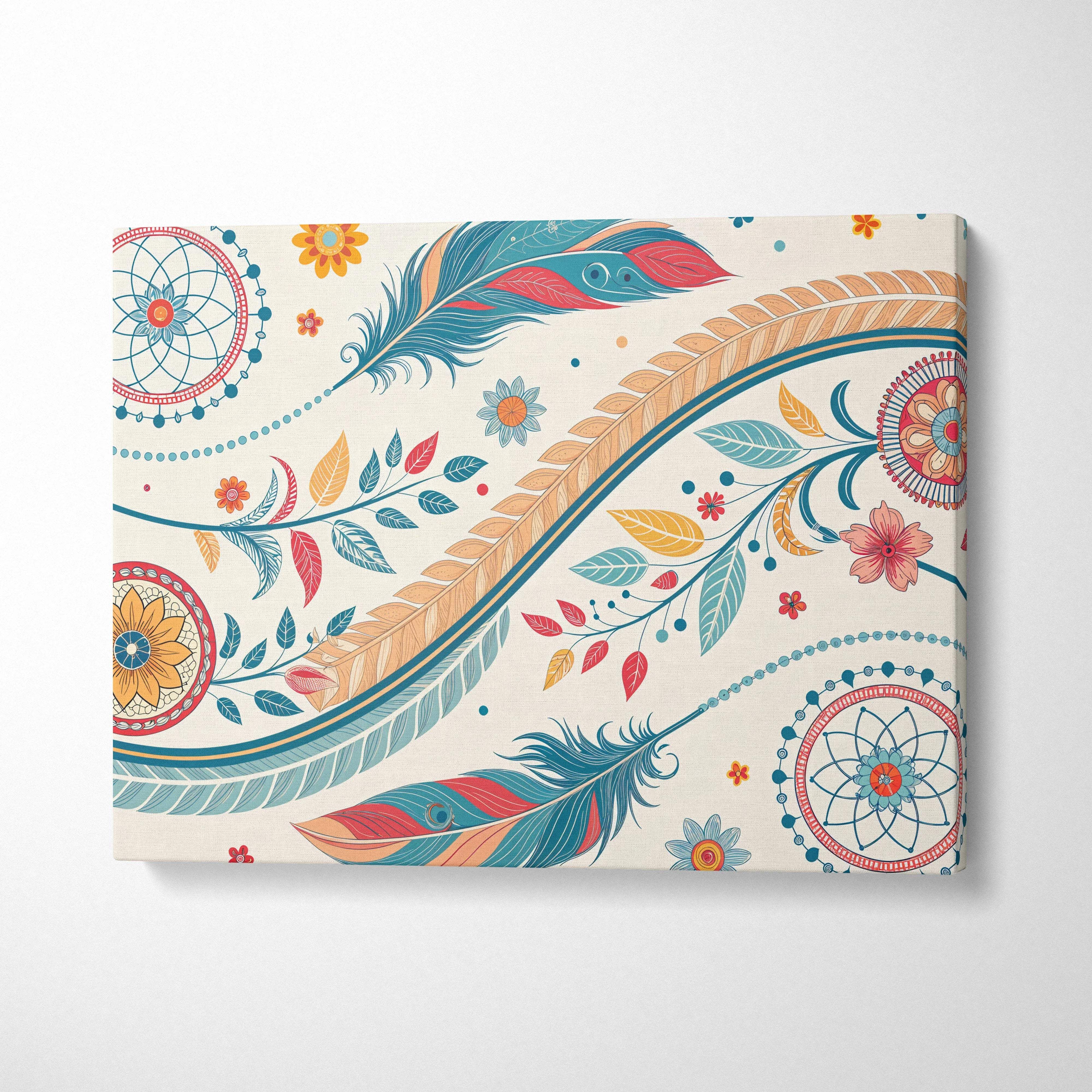 Flowing feathers and florals mandala canvas art in teal coral palette