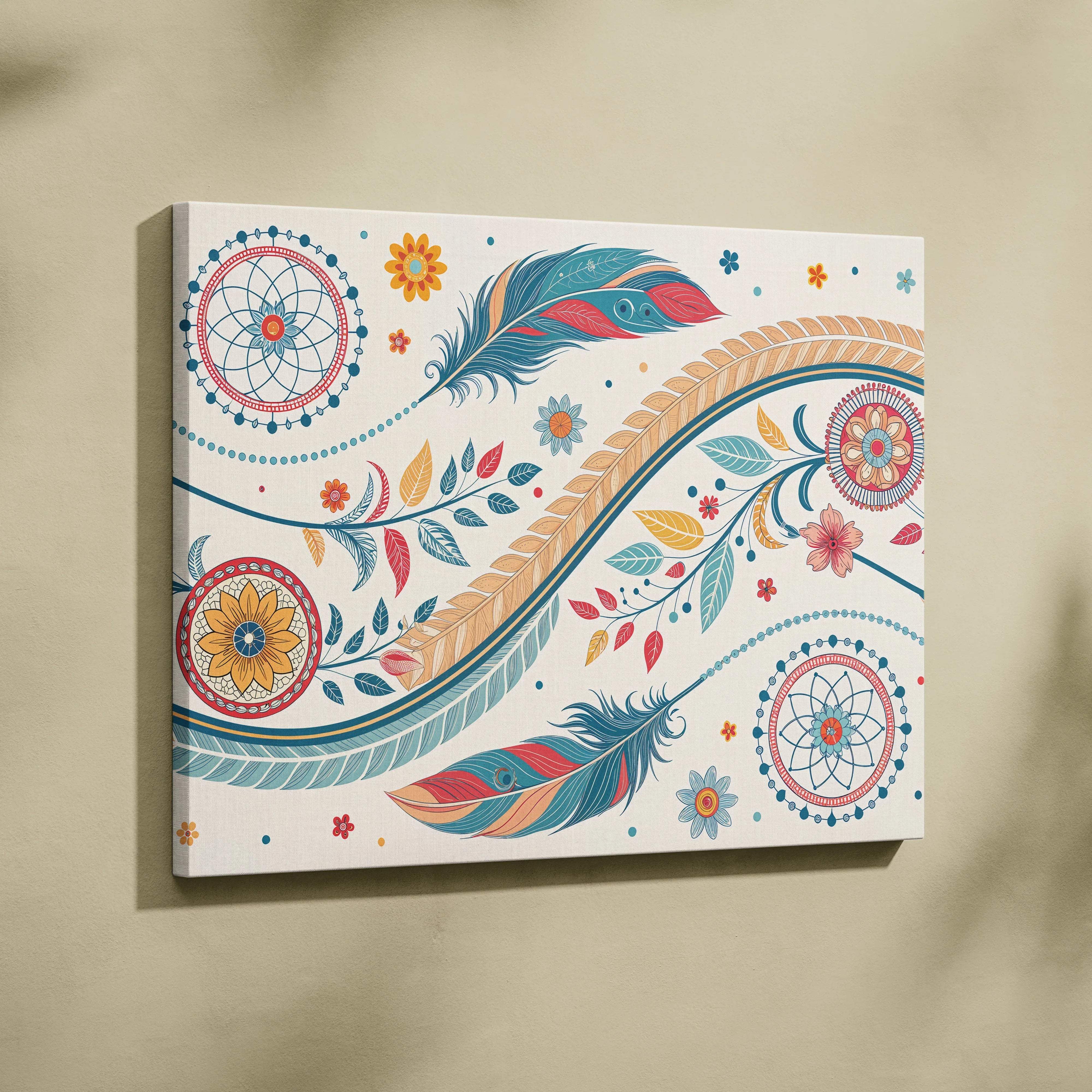 Flowing feathers and florals mandala canvas art in teal coral palette