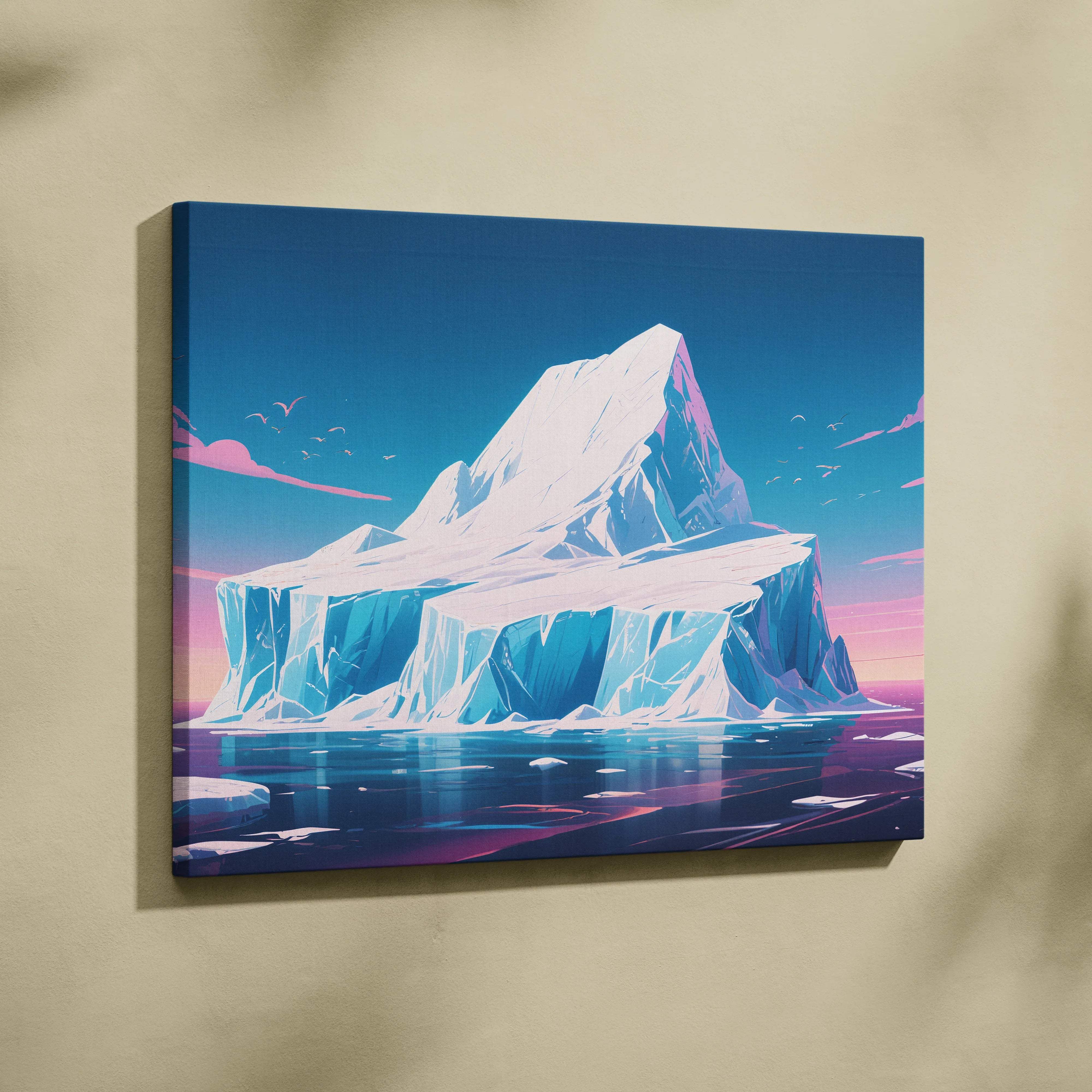 Pastel arctic iceberg landscape canvas wall art with glowing blues and pinks