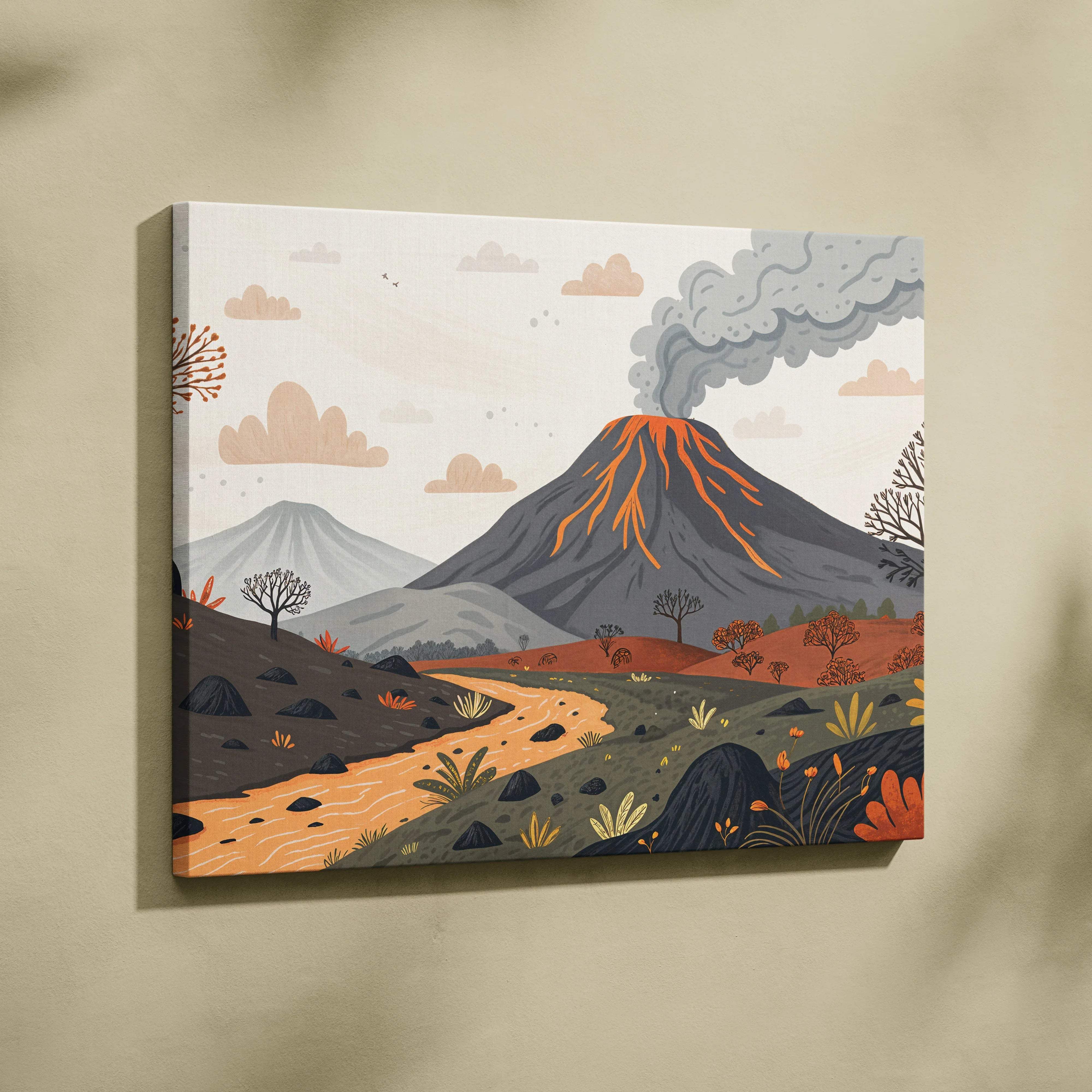 Tranquil volcano canvas art with glowing lava veins over autumn river hills