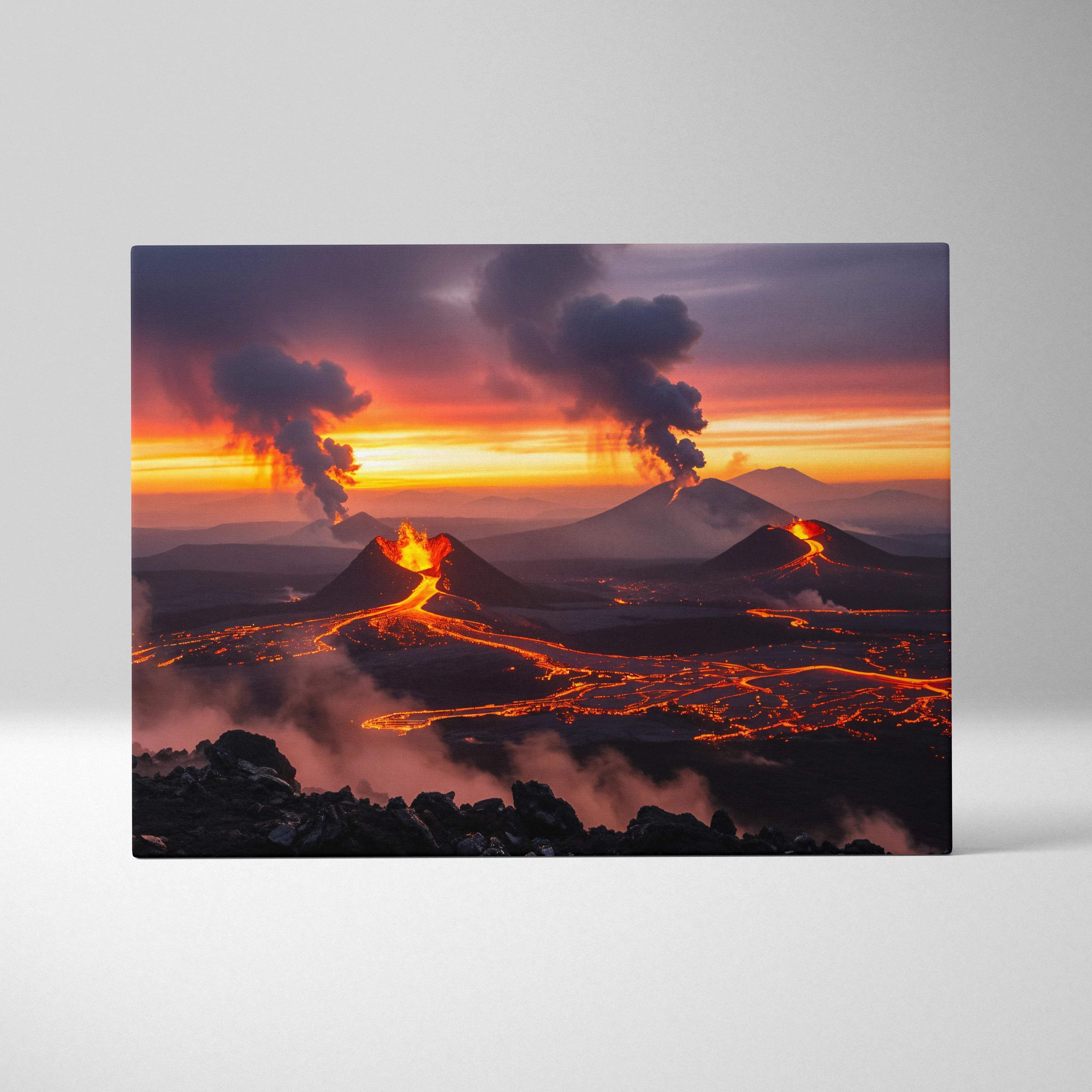 Visionary canvas wall art of glowing lava rivers and erupting volcanoes at sunset