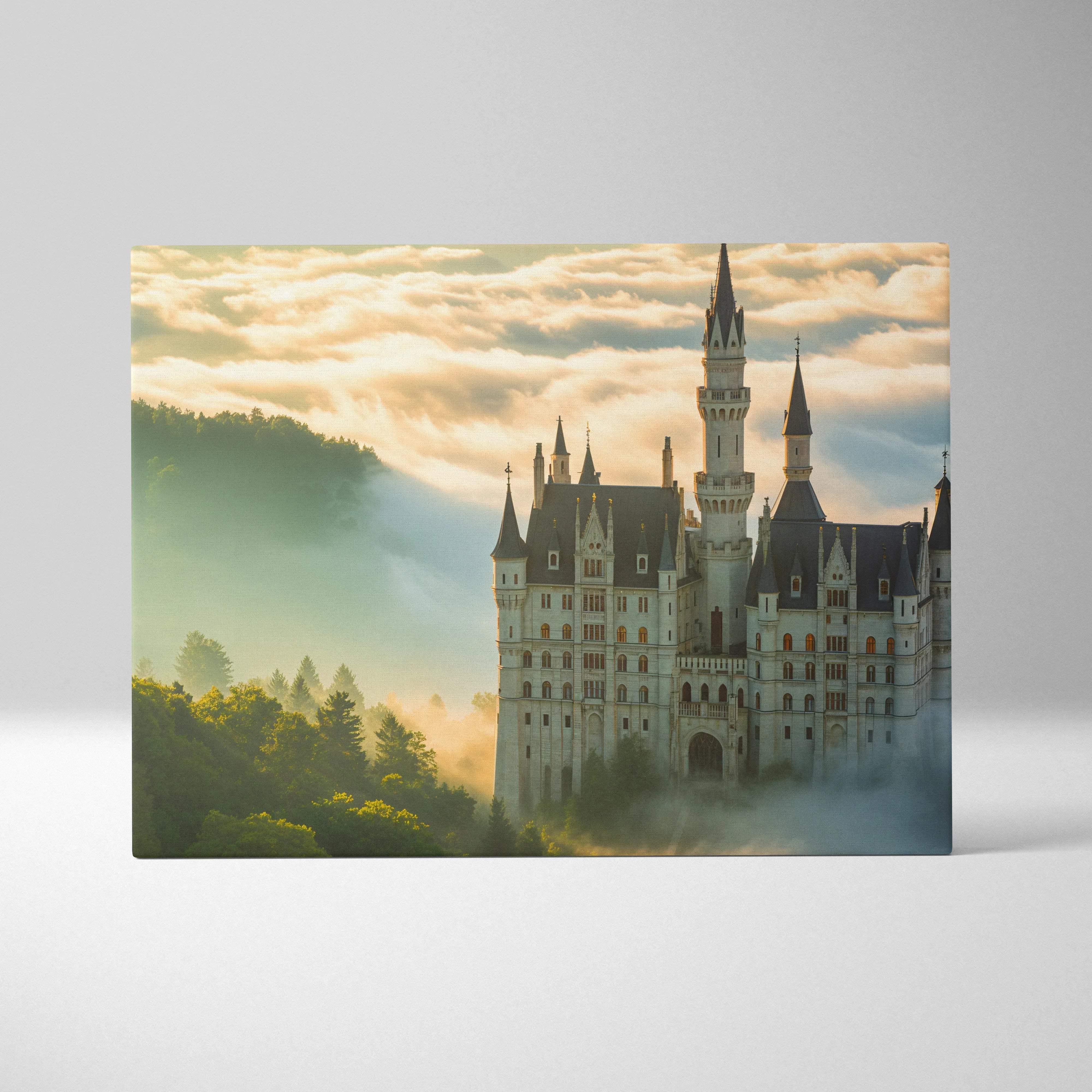 Majestic fairy tale castle in morning mist with golden spires canvas print