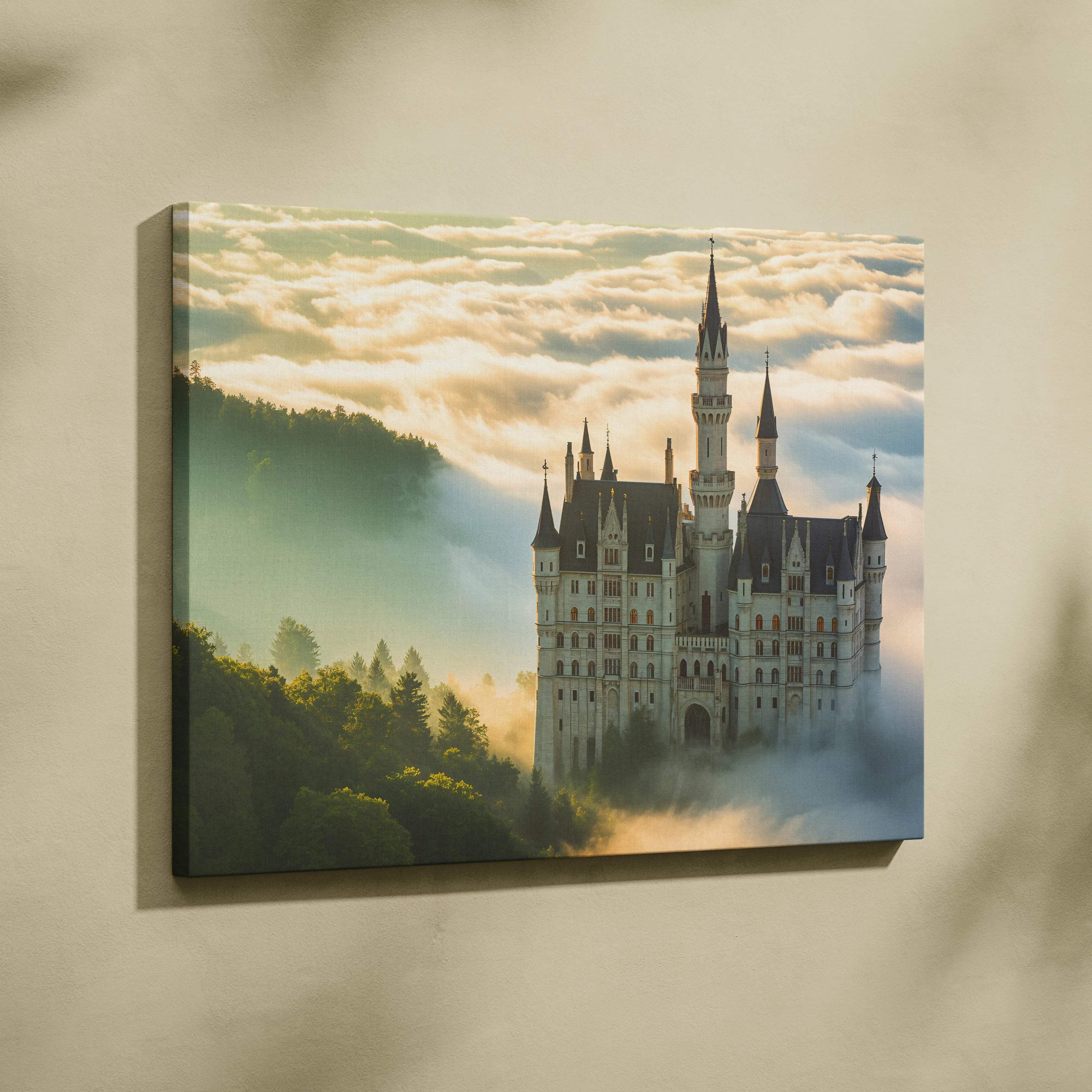Fairy tale castle rising from morning mist with golden spires canvas print