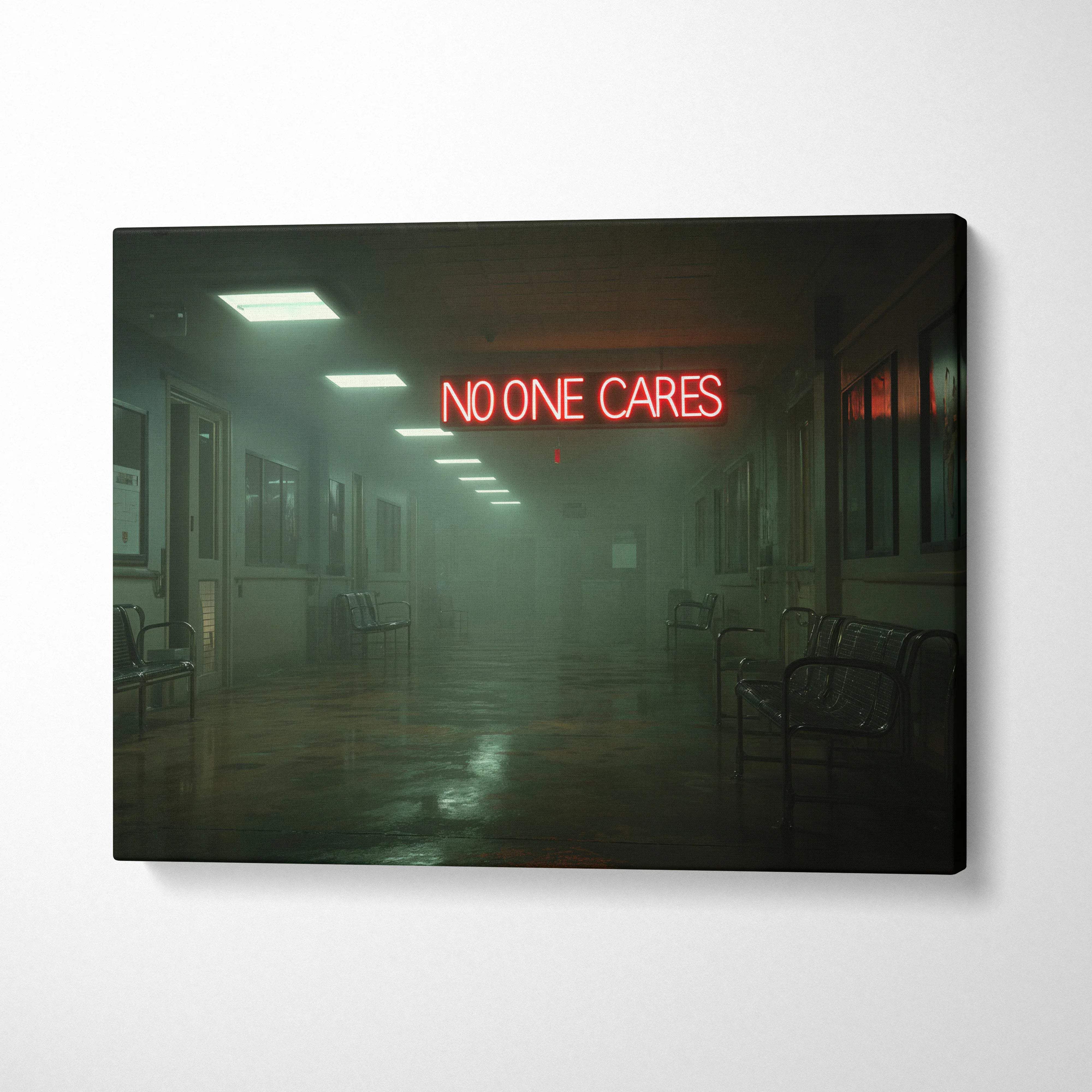 Dimly lit foggy hospital hallway canvas with red neon No One Cares sign
