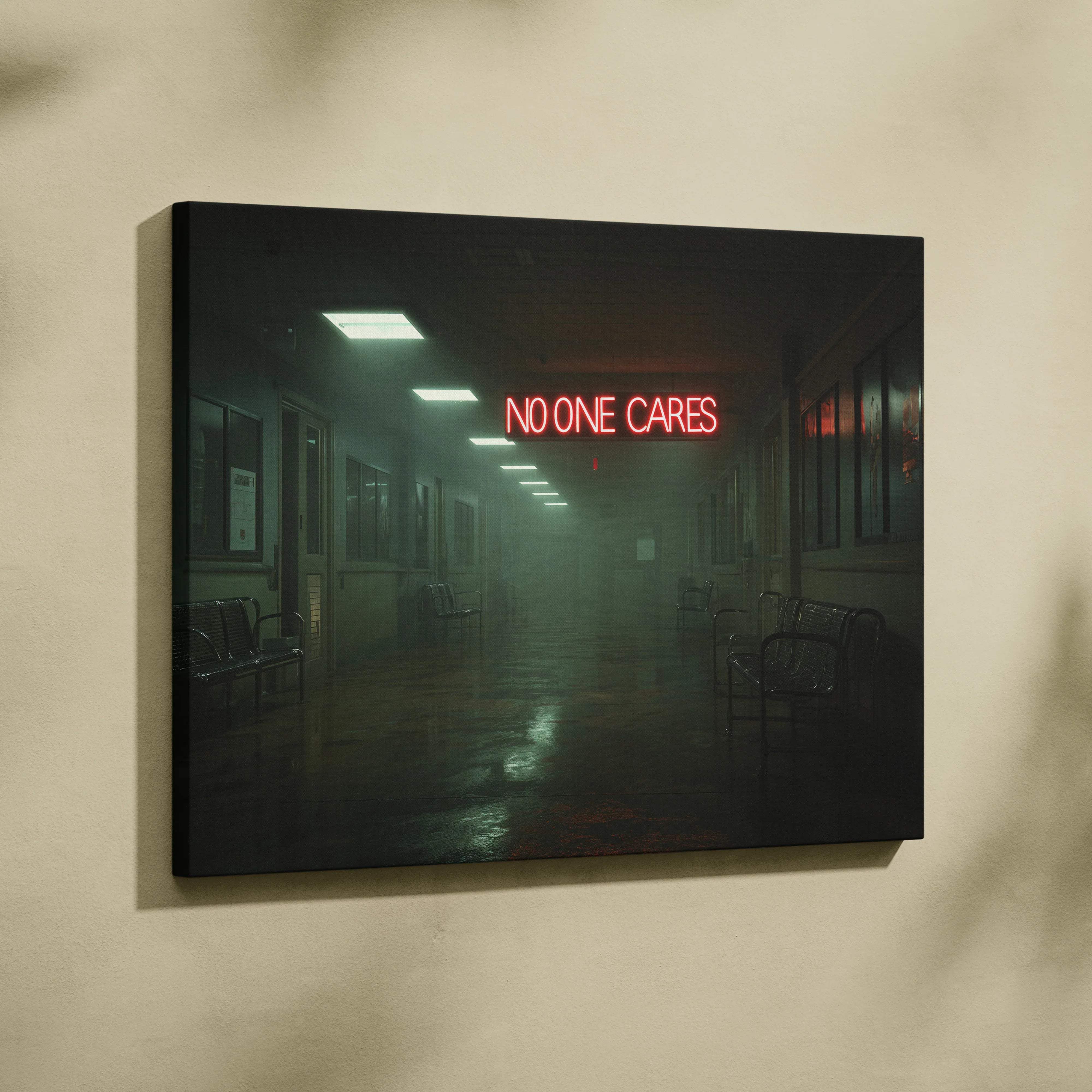 Dimly lit hospital hallway canvas print with glowing red No One Cares neon sign