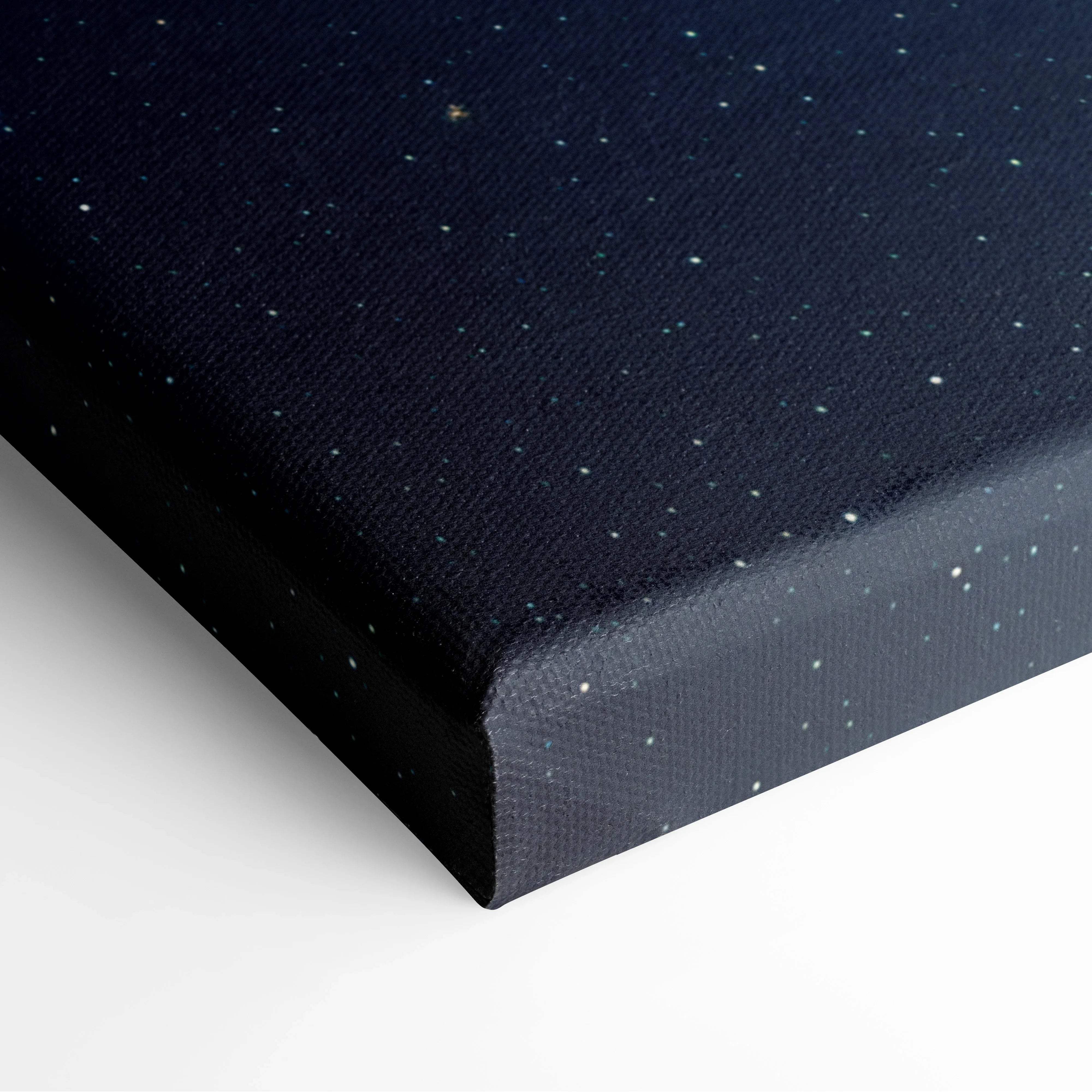 Dark navy starfield canvas print with blue orange nebula celestial light