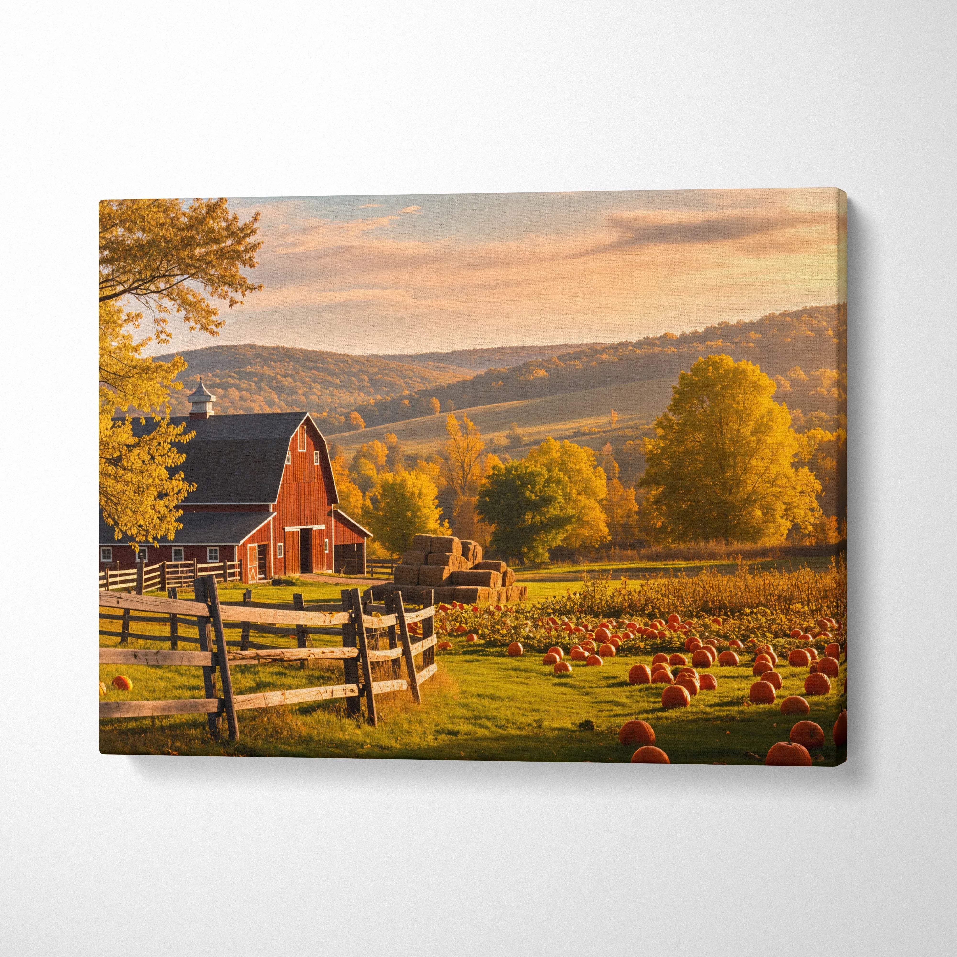 Rustic red barn with pumpkins, hay bales in golden autumn light