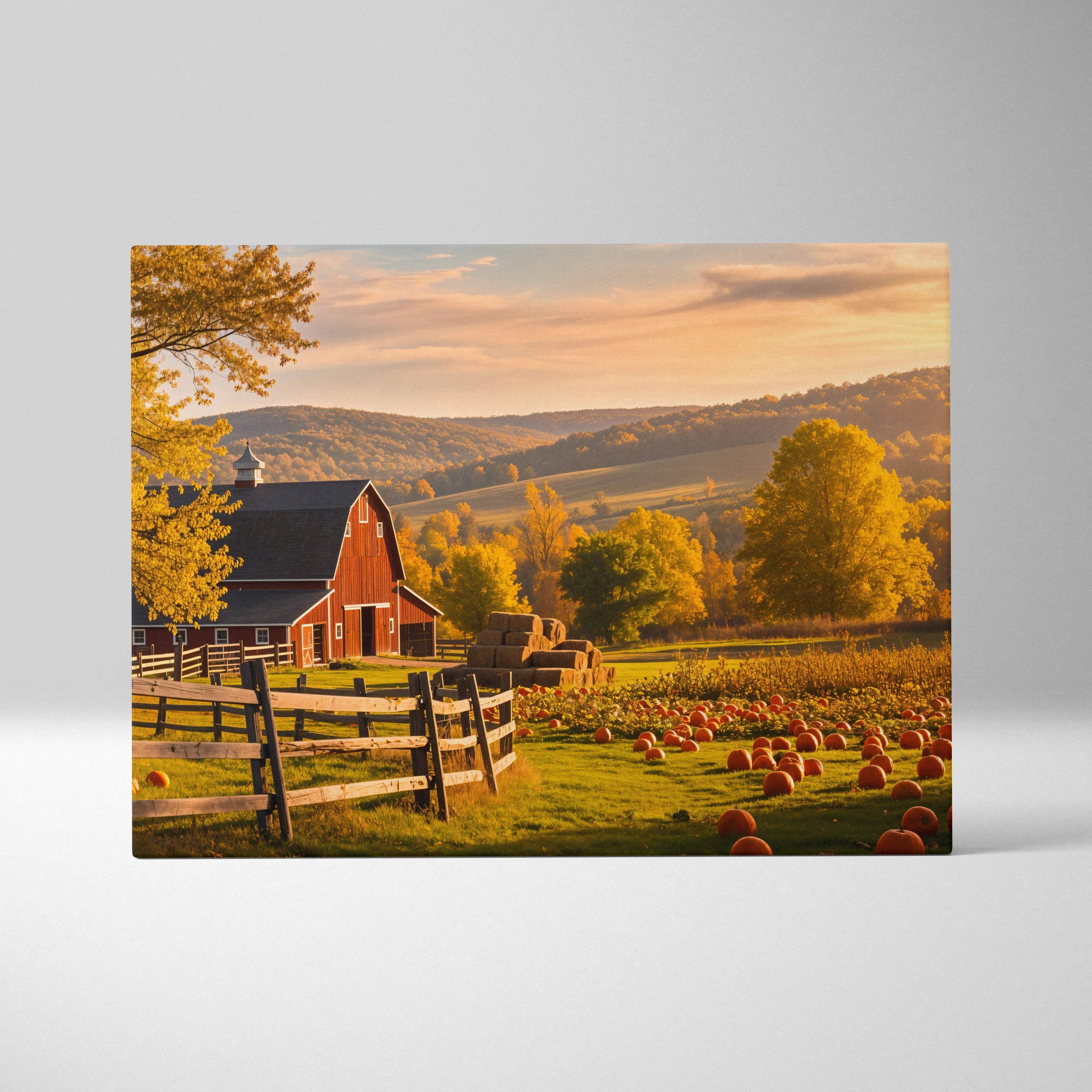 Rustic red barn in golden autumn light with pumpkins and hay bales