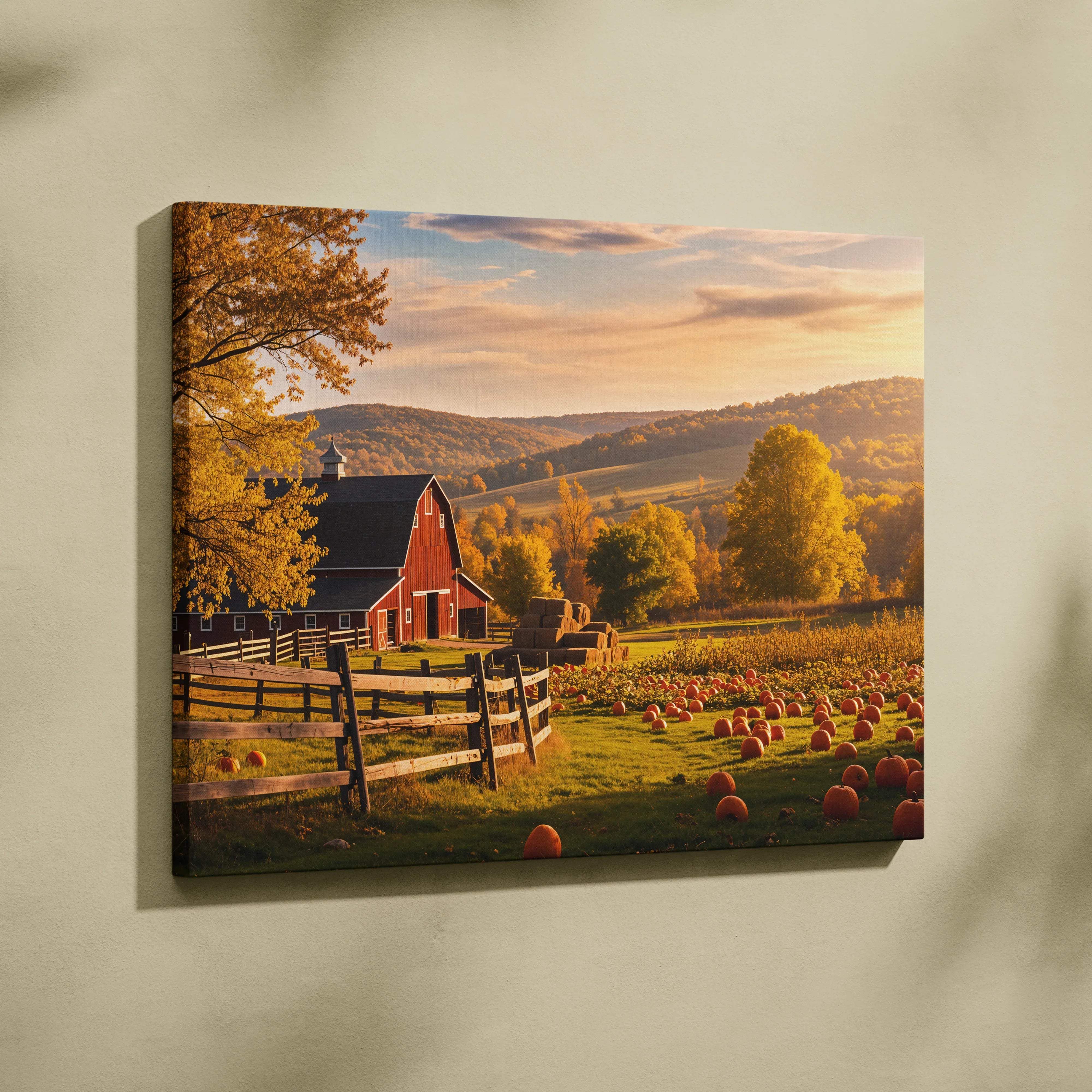 Rustic red barn canvas print with golden autumn foliage, pumpkins and hay bales under sunset sky