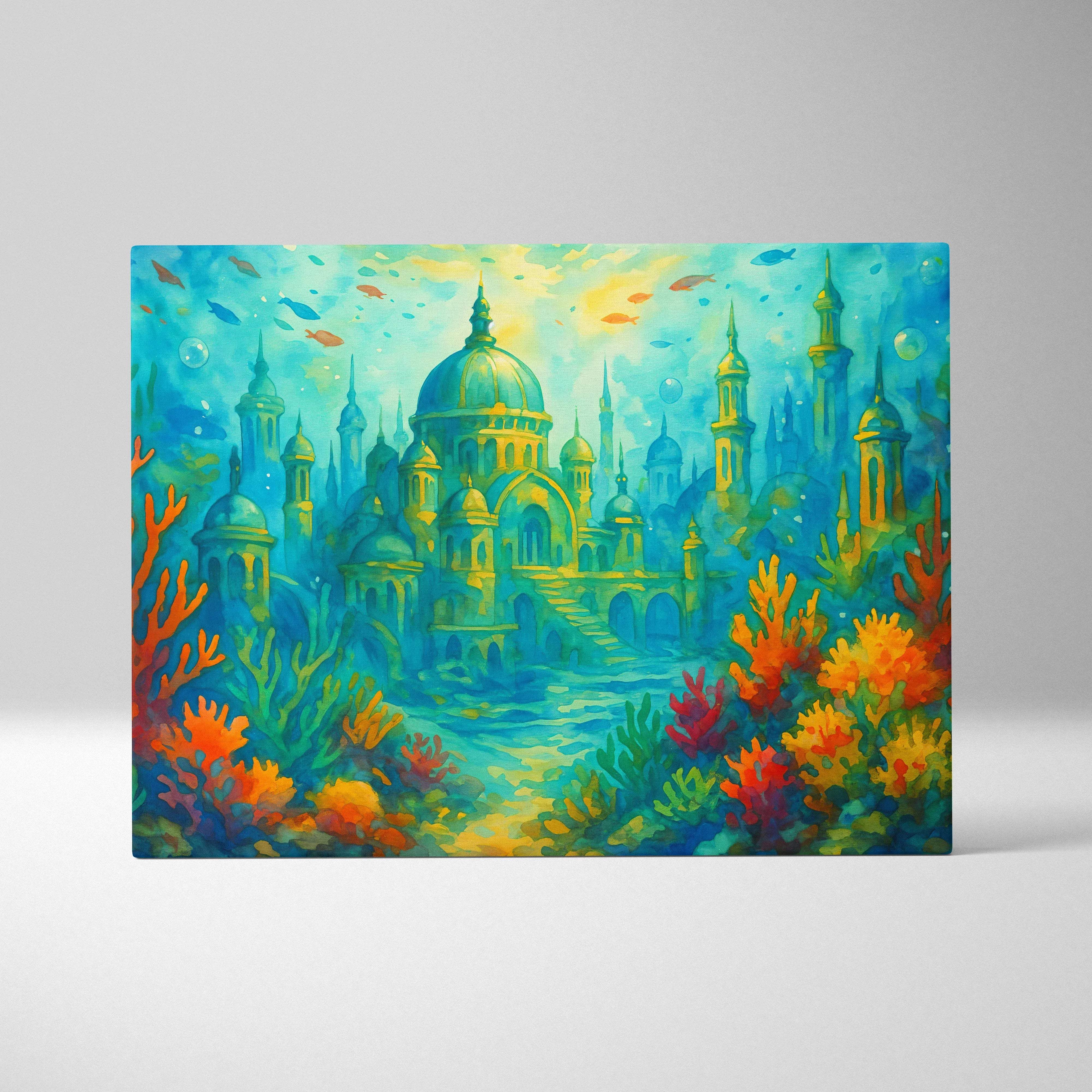 Vibrant underwater ancient city canvas with golden domes and coral gardens