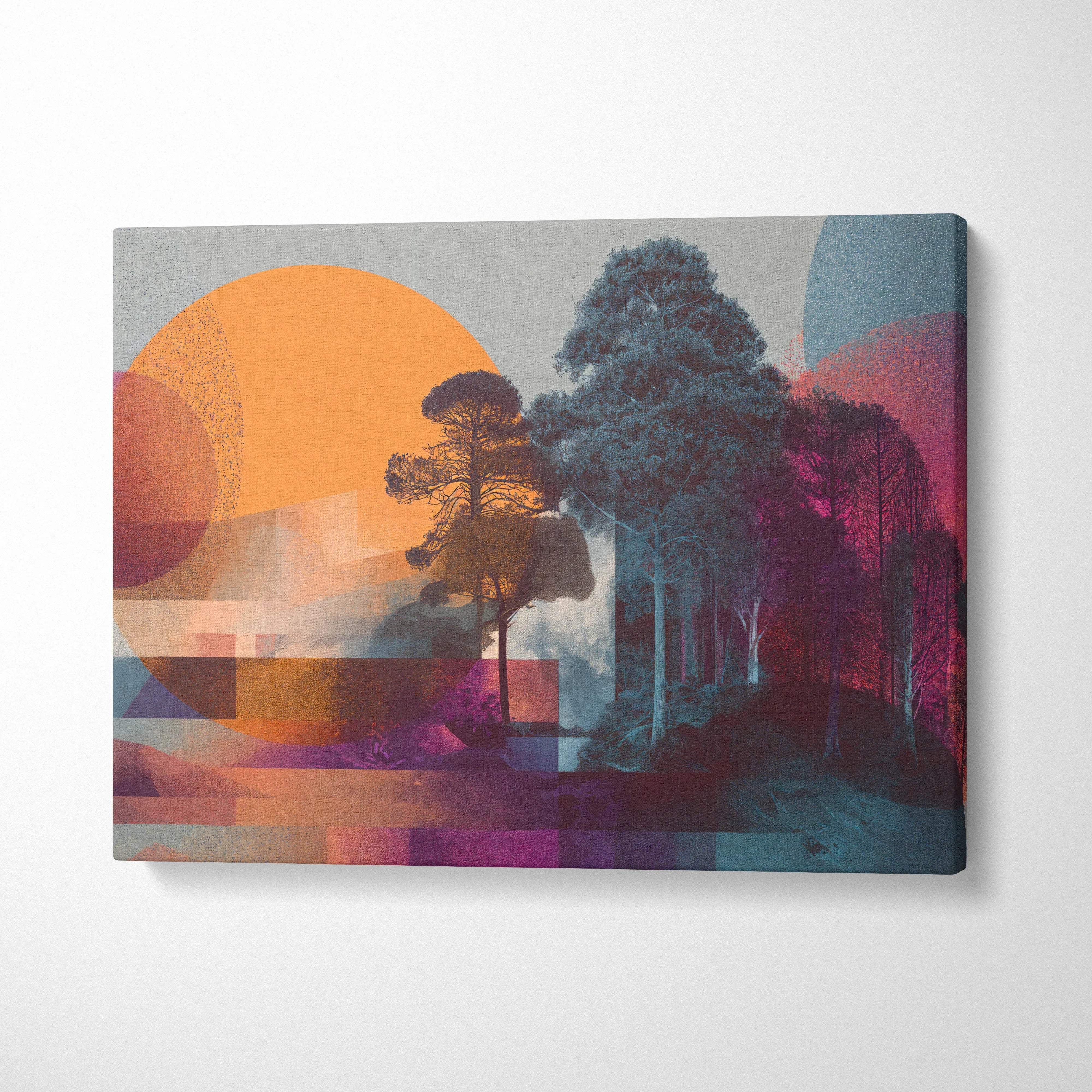 Abstract forest silhouette dissolving into vibrant sunset geometry canvas art