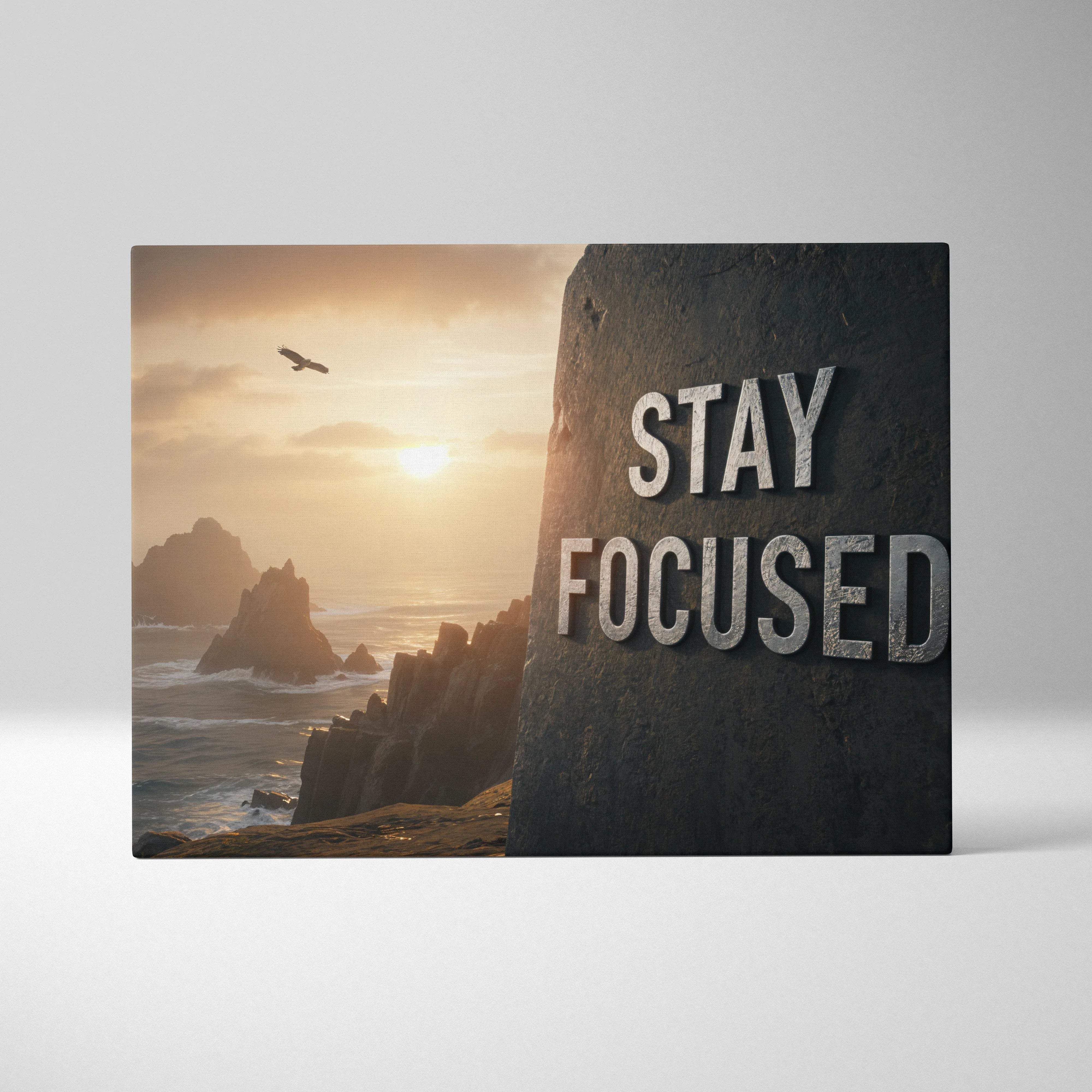 Stay Focused motivational canvas art with rugged coastal sunset on stone cliff