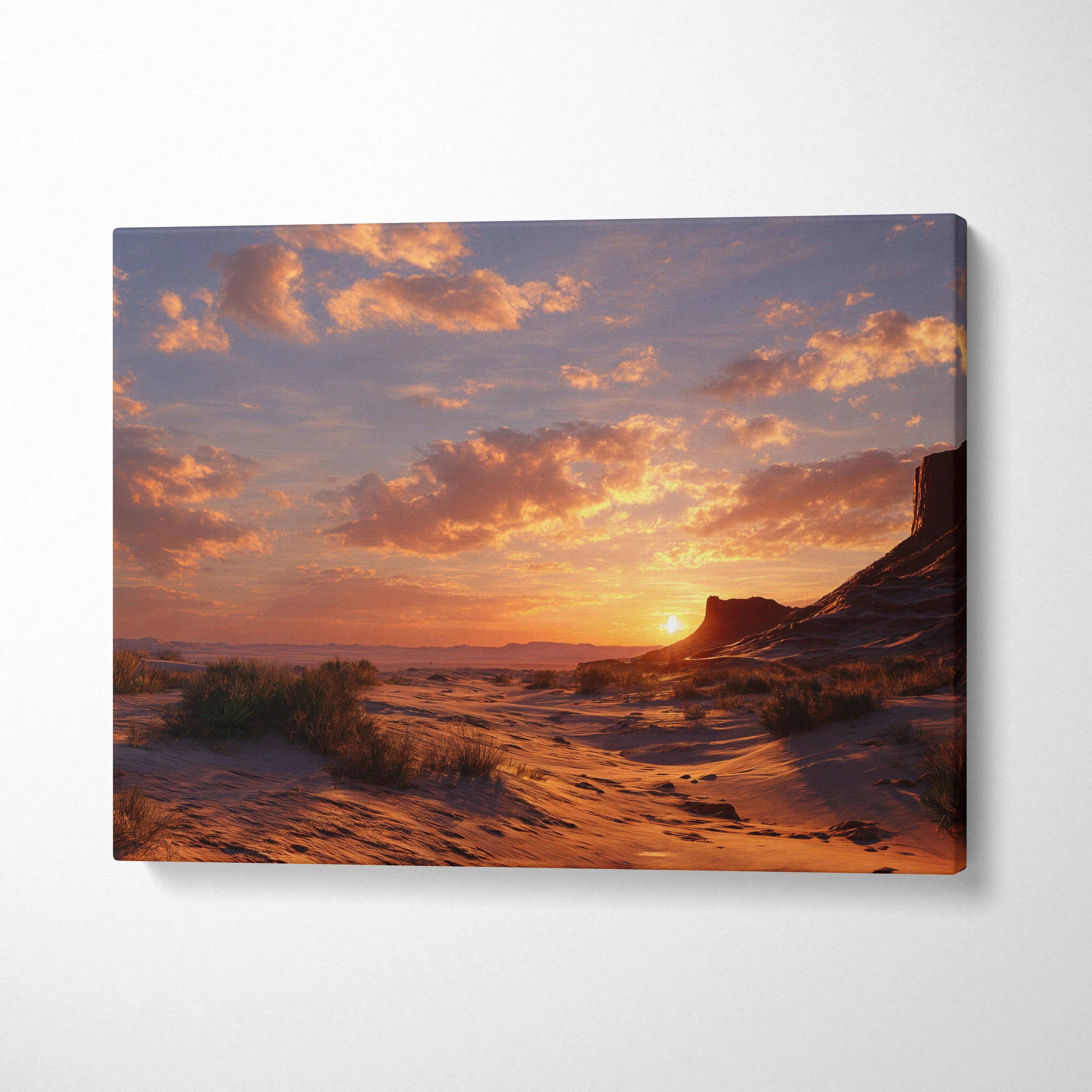 Desert sunset canvas wall art with ember sky over sand dunes