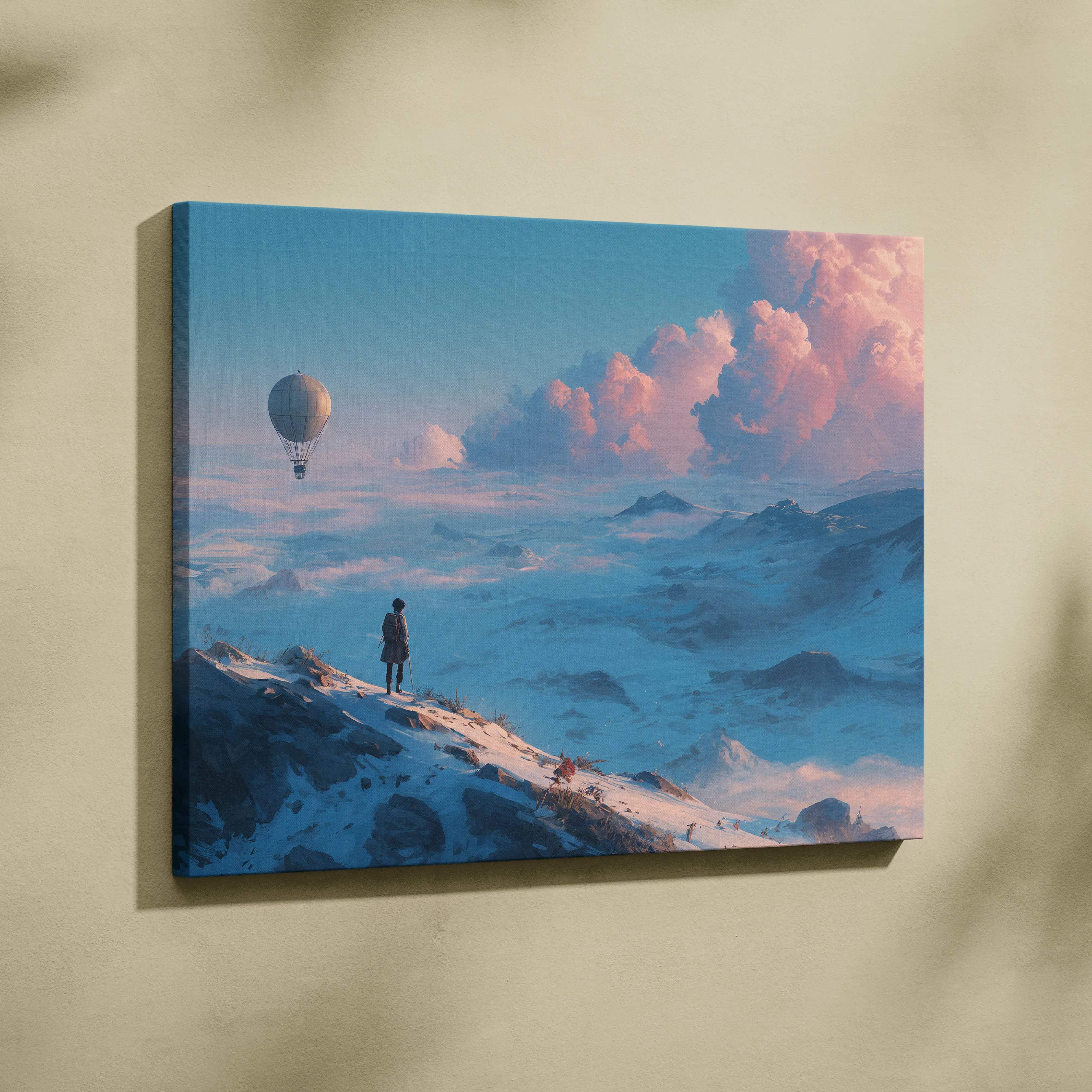 Solitary wanderer on snowy summit with balloon in dreamy pastel sky canvas art