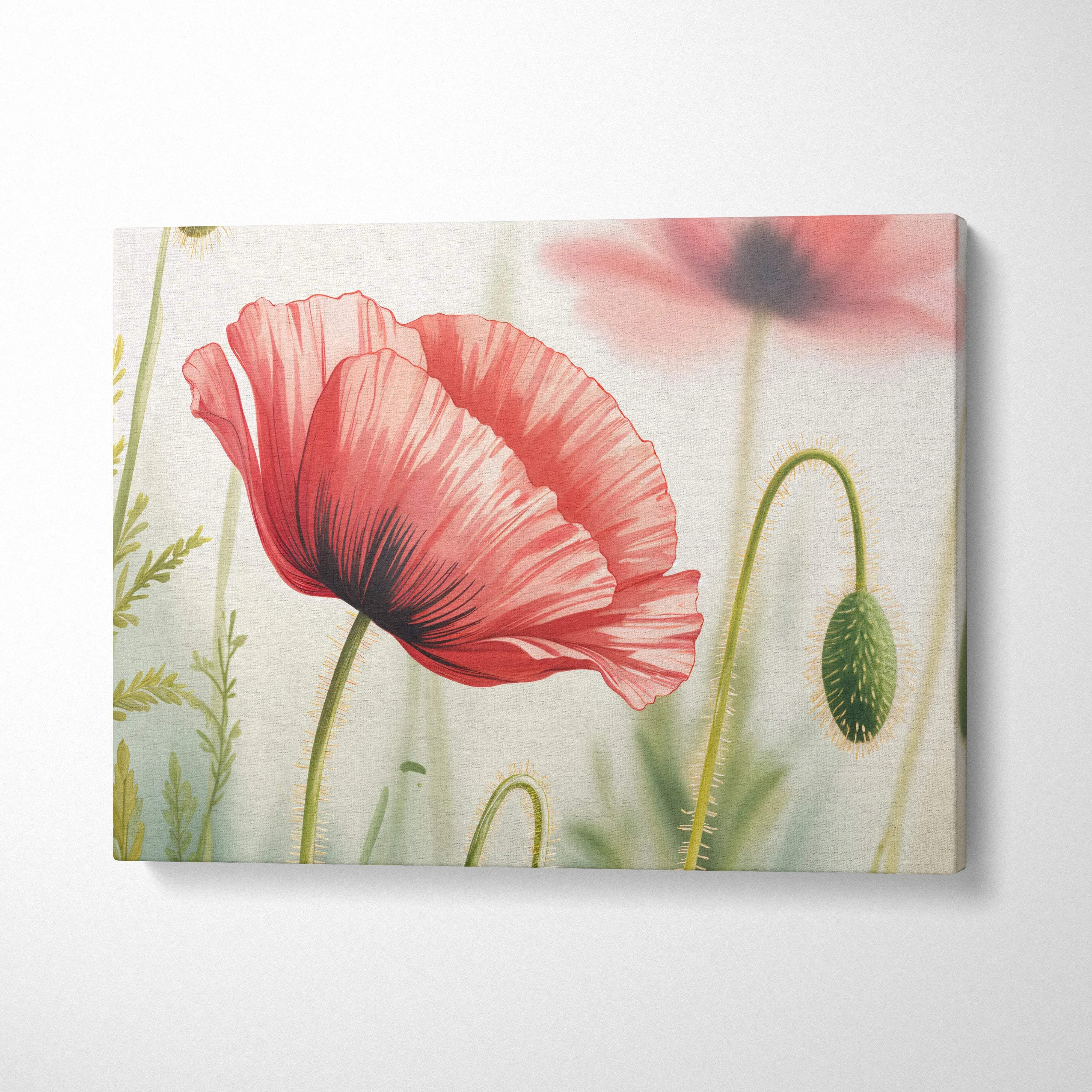 Vibrant red poppy bloom canvas wall art in soft pink red for modern decor