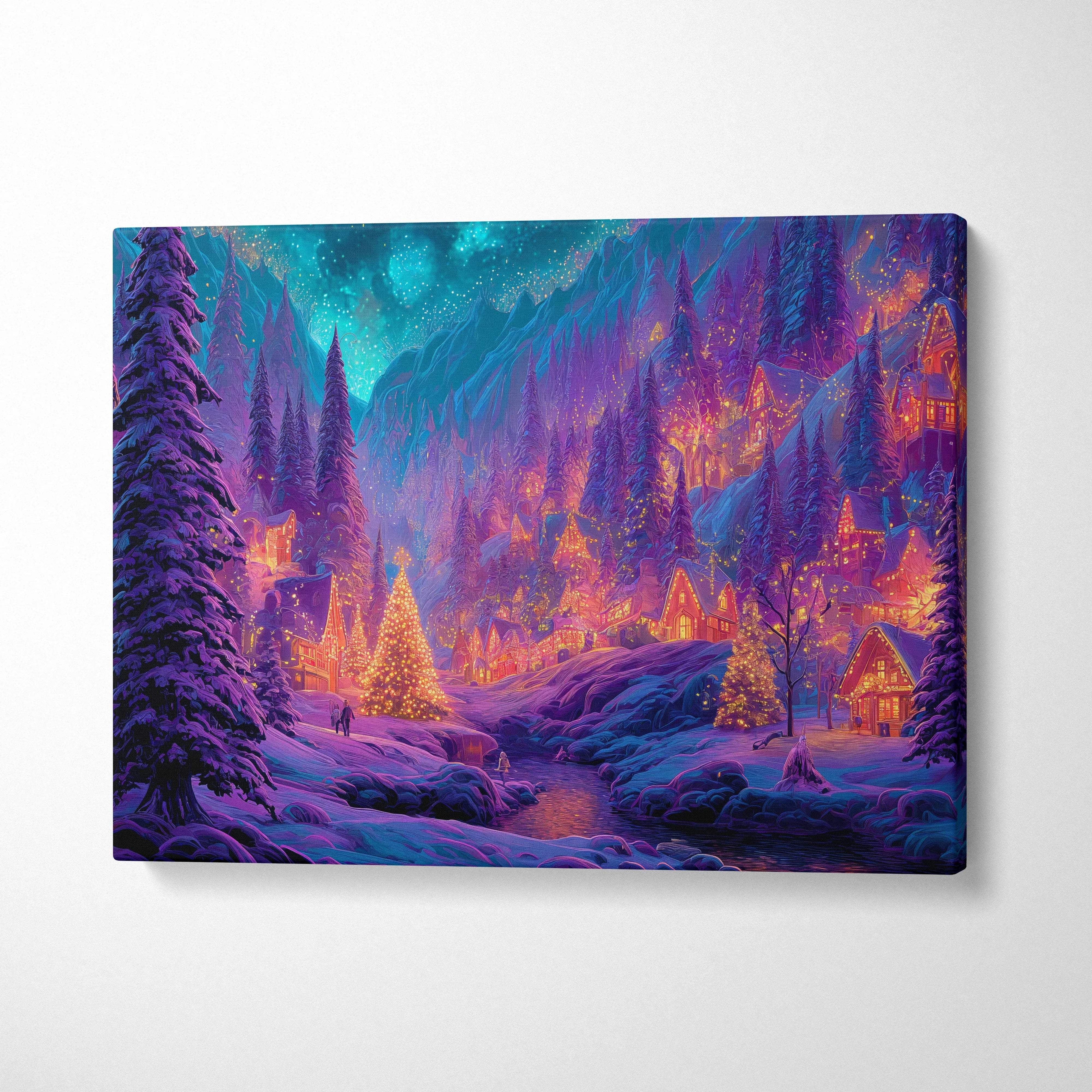 Vibrant neon fantasy winter village canvas print under aurora starry sky
