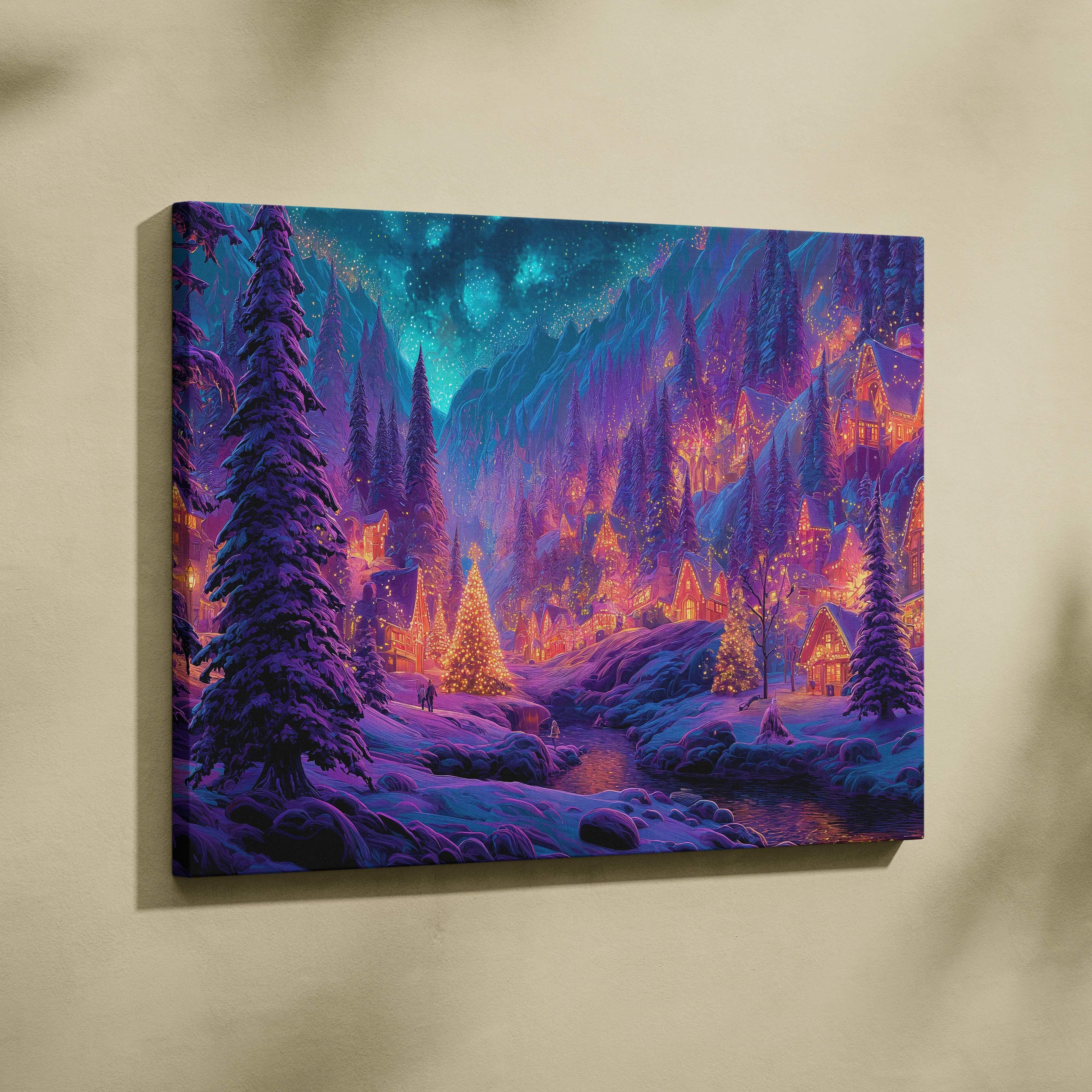 Fantasy winter village canvas art with glowing lanterns under starry teal sky
