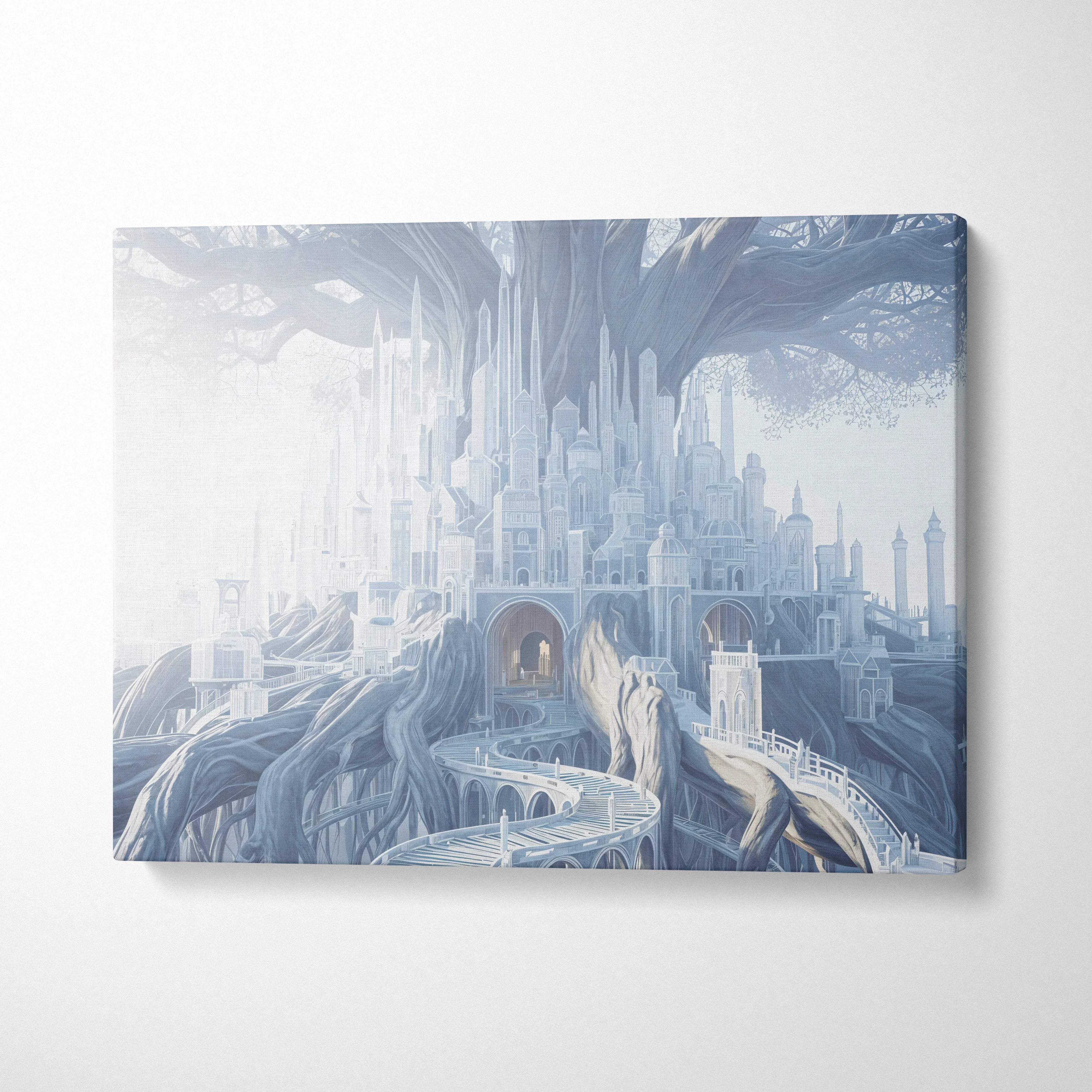 Ethereal fantasy crystal city in ancient tree dreamscape canvas art