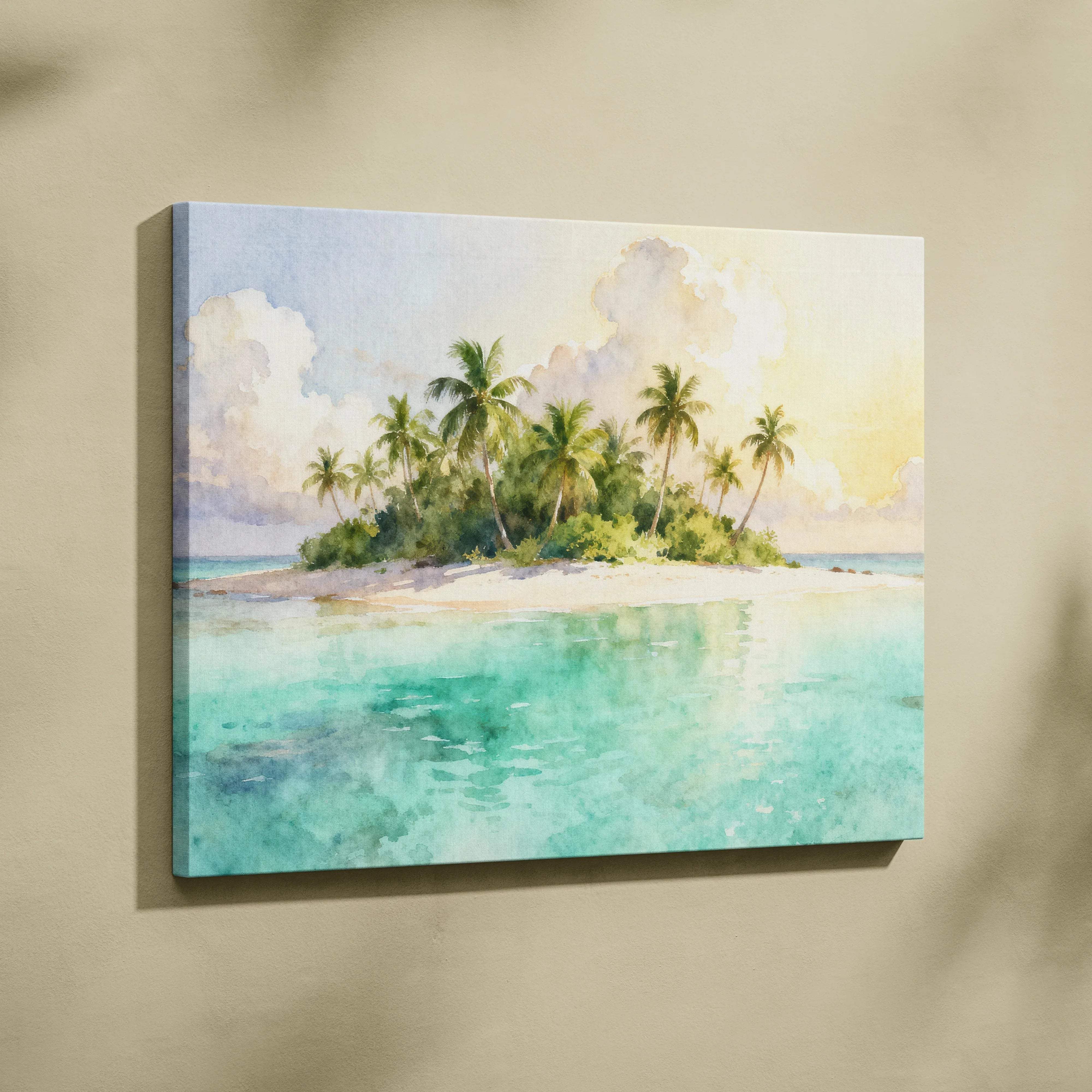 Watercolor tropical island canvas art with palm trees and turquoise sea