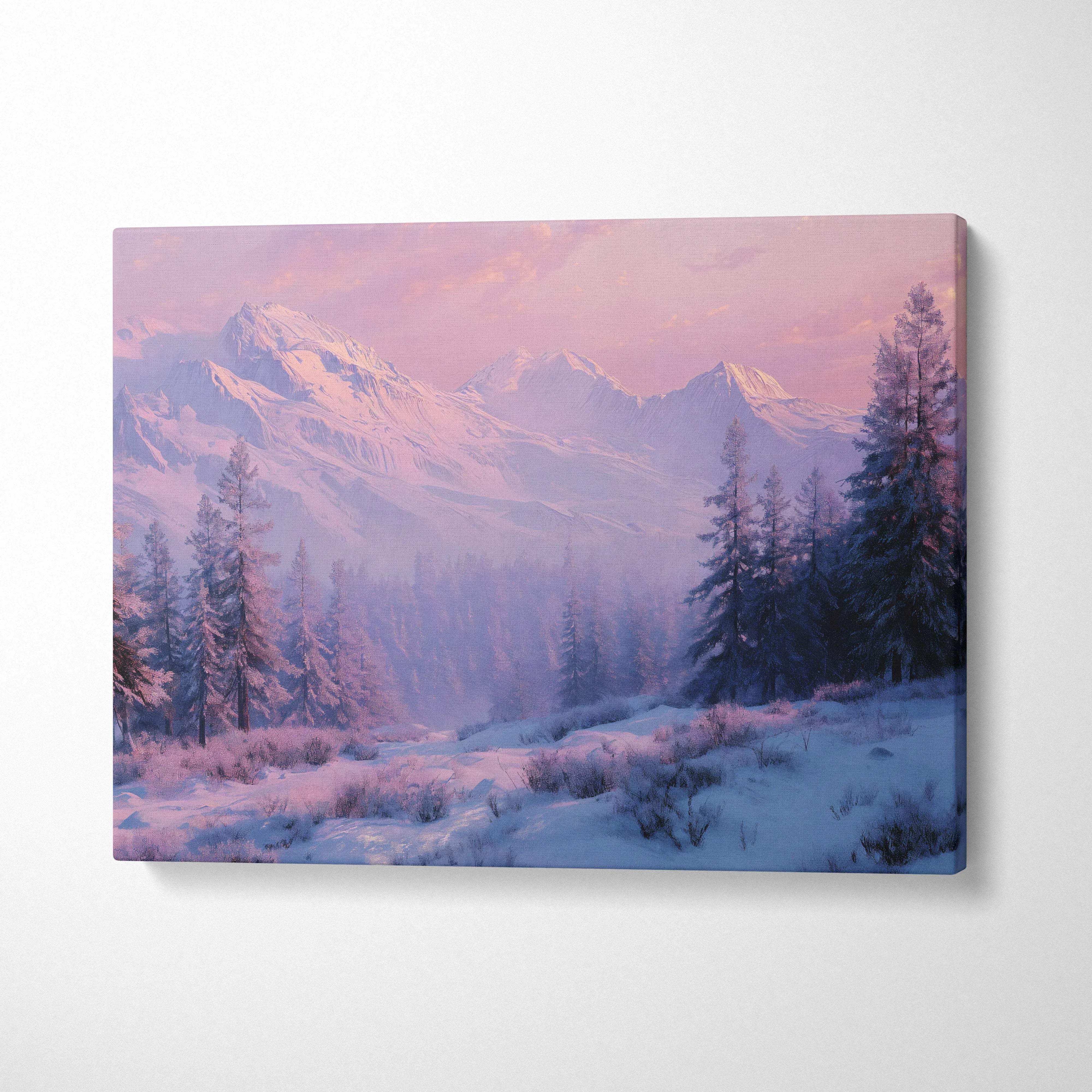 Cinematic winter landscape canvas wall art with snowy alpine forest at dawn