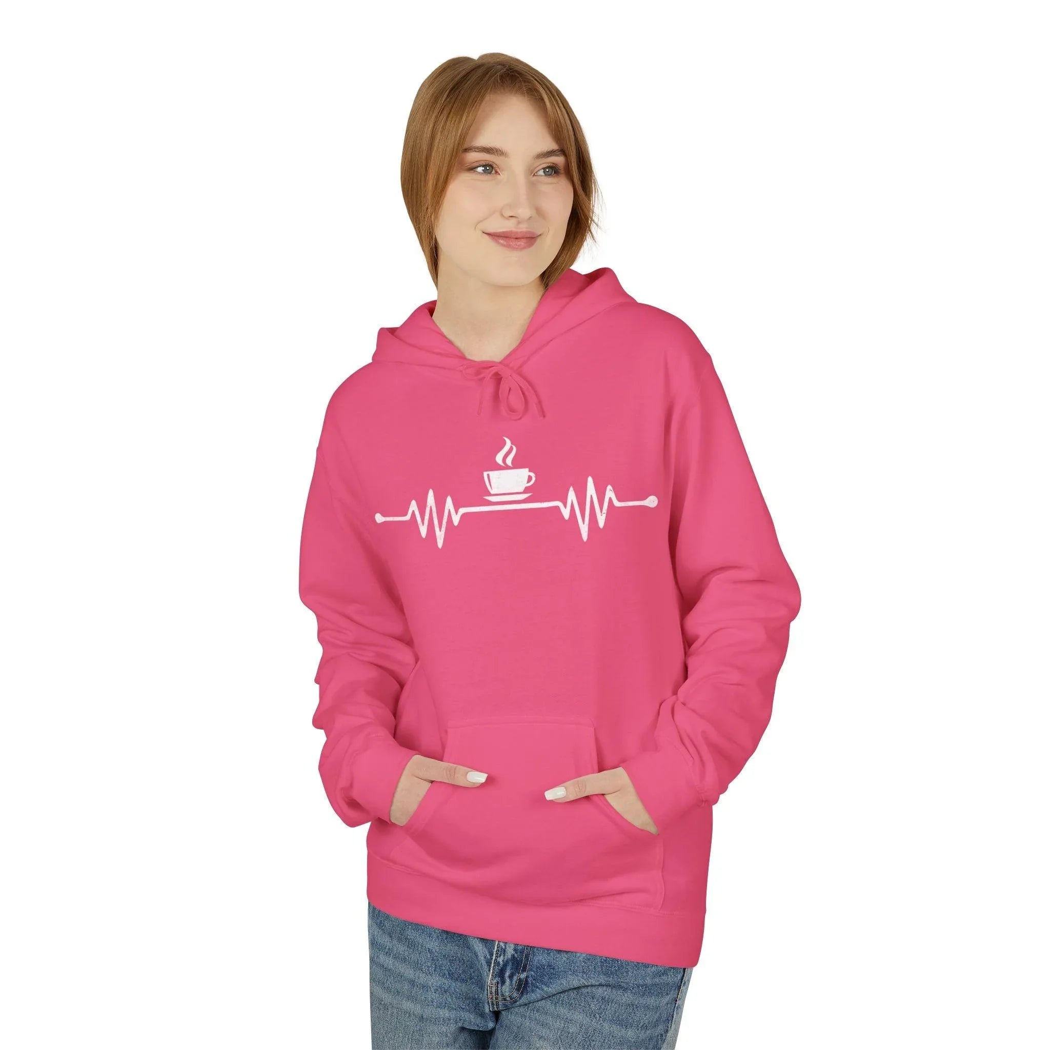 Cozy Coffee Lover's Fleece Hoodie – Heartbeat Design for Ultimate Comfort