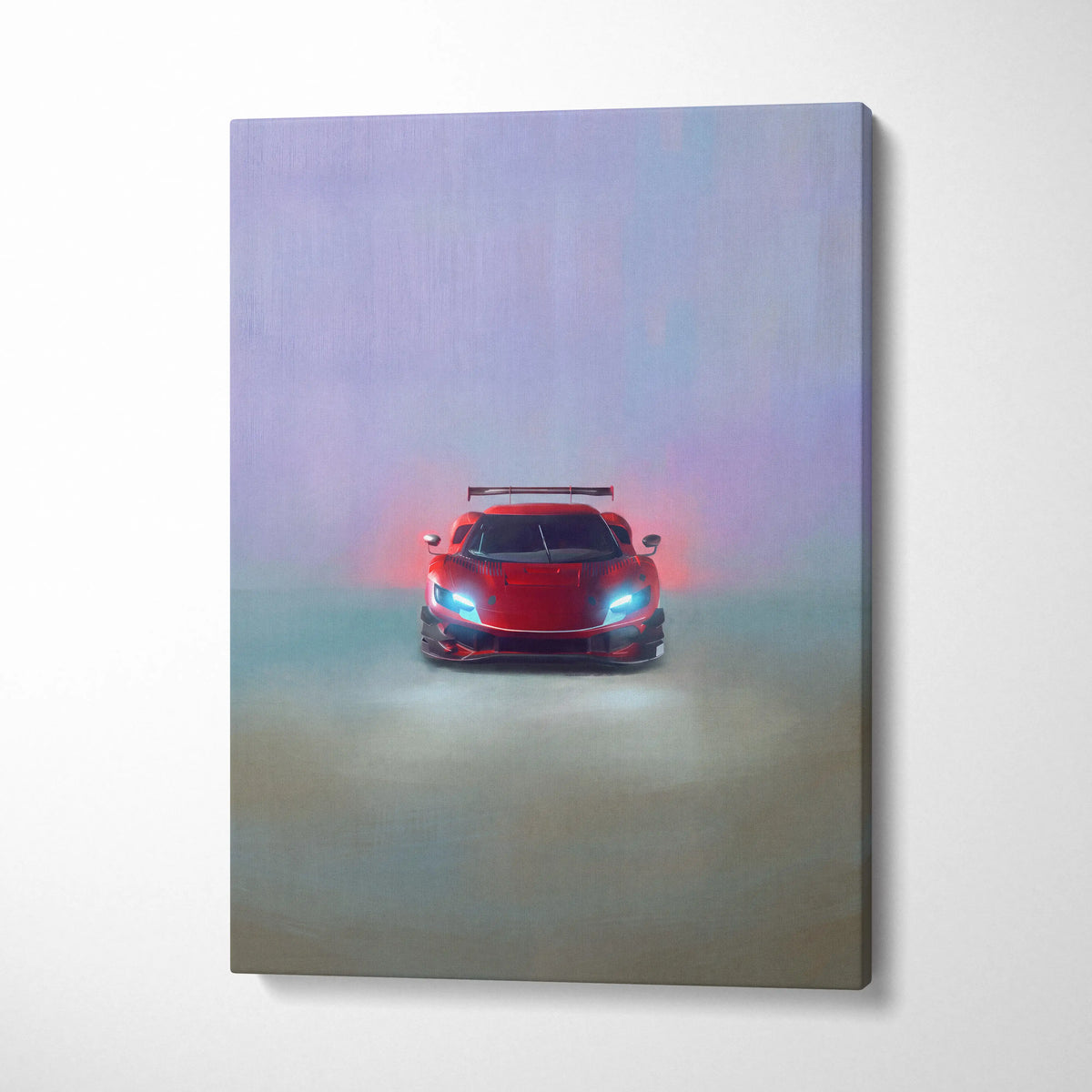 Ferrari 296 gt3 evo inspired red sports car wall art with glowing blue headlights on atmospheric canvas print